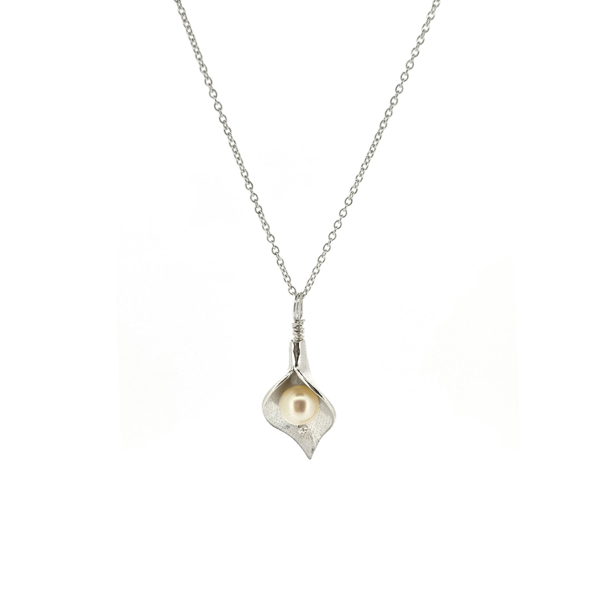 Silver calla lily pendant with central white pearl on silver chain - medium