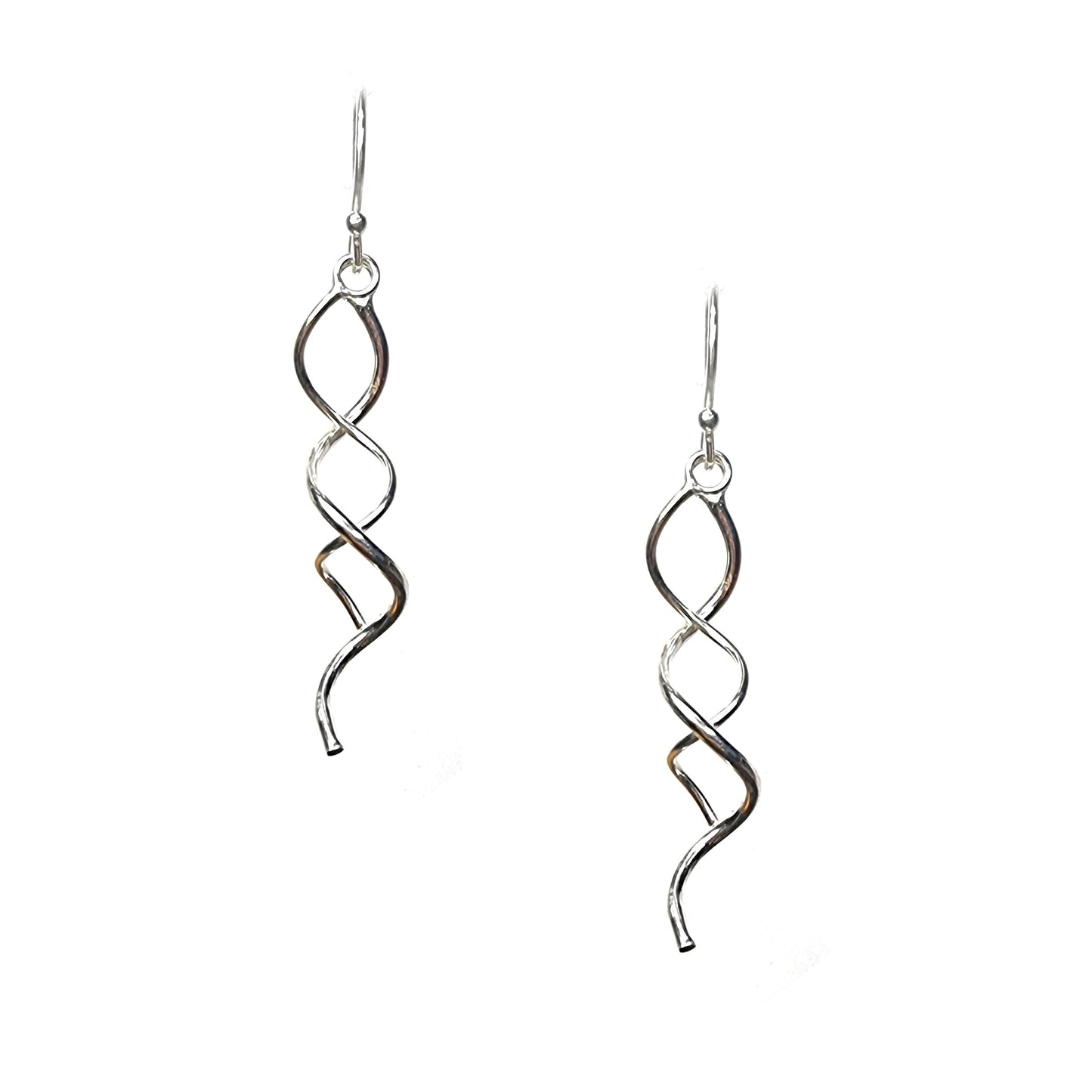 Silver spiral drop earrings featuring 2 curled strands intertwined.
