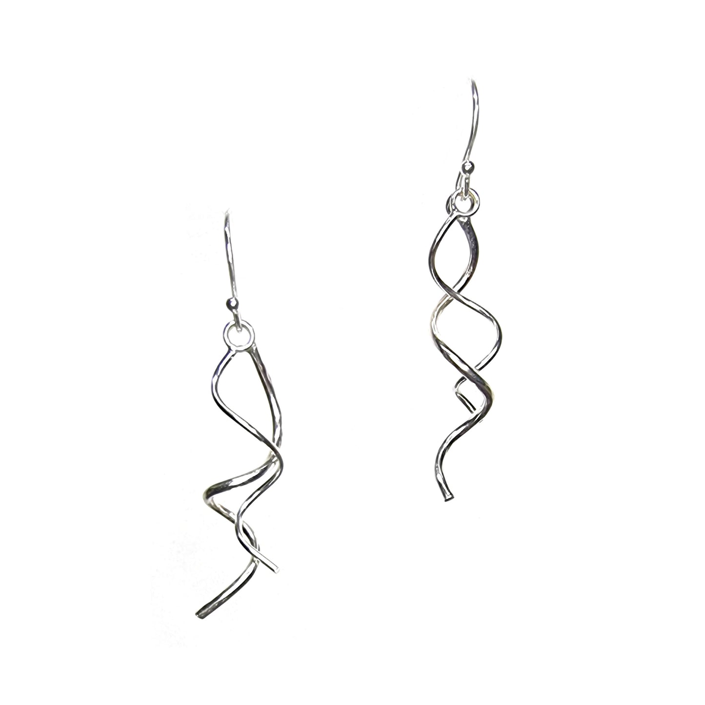 Silver spiral drop earrings featuring 2 curled strands intertwined.
