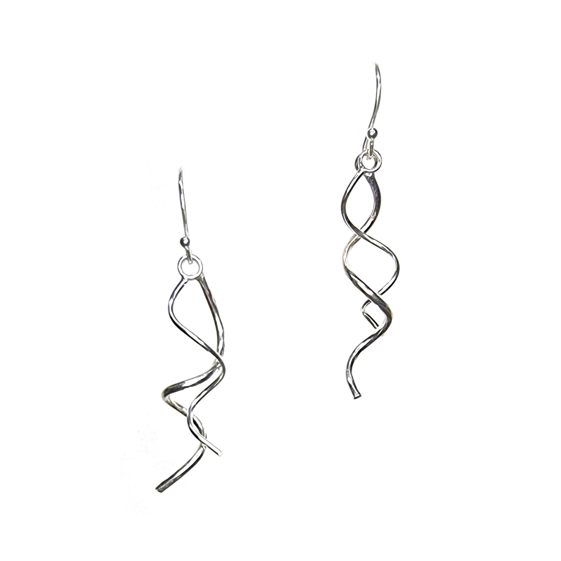 Silver spiral drop earrings featuring 2 curled strands intertwined.
