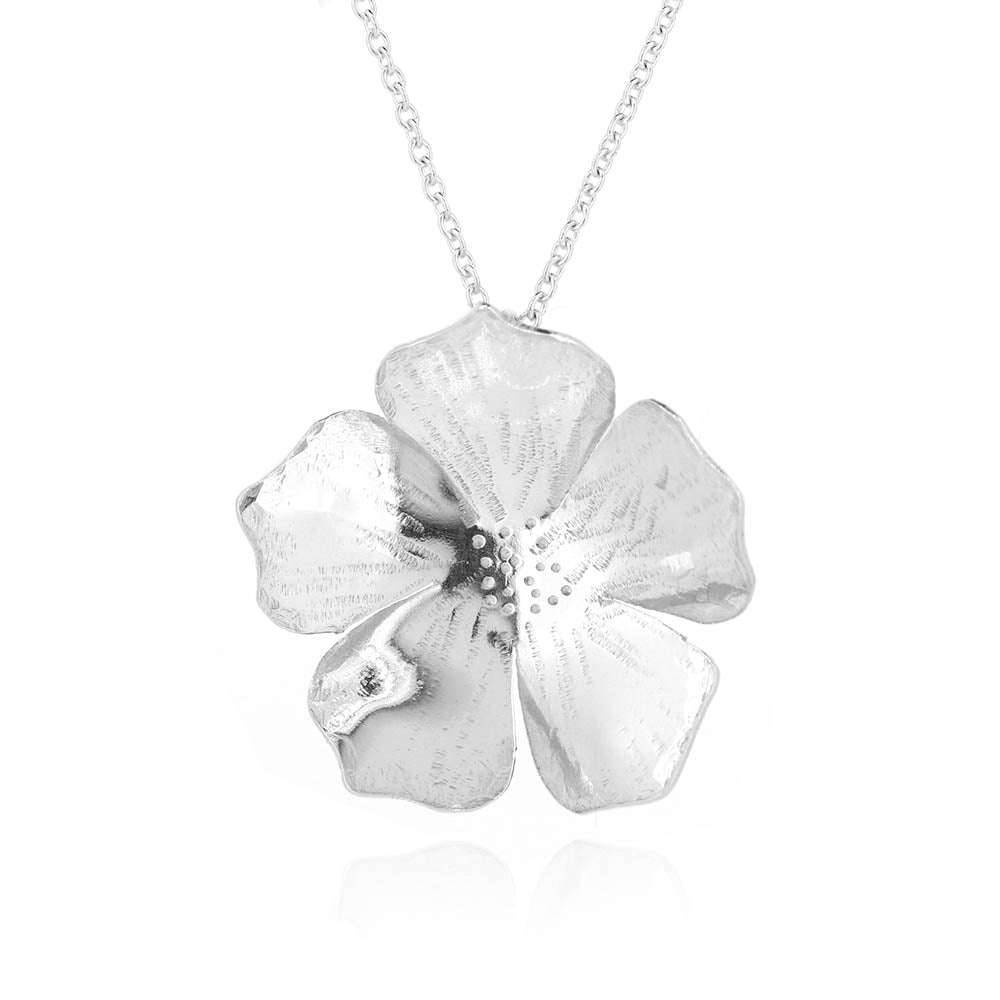 A silver 5 petal flower pendant on silver chain - large