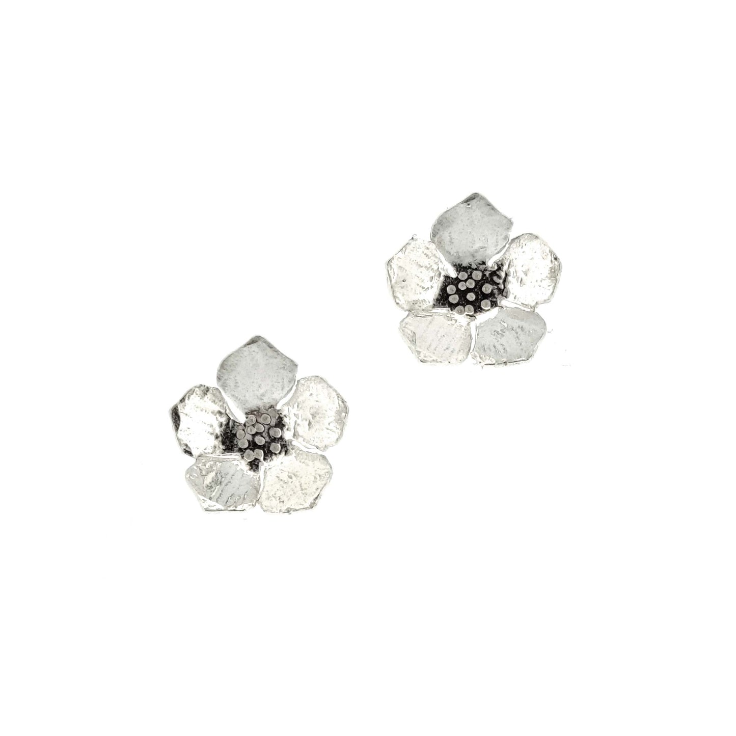 Silver five petal flower stud earrings