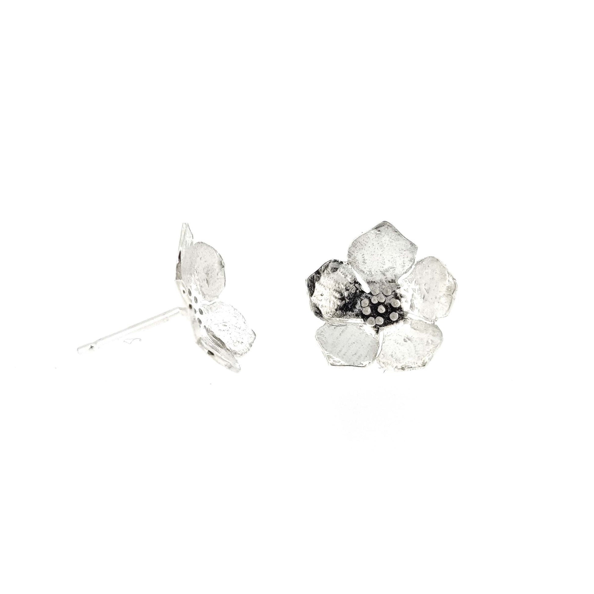 Silver five petal flower stud earrings