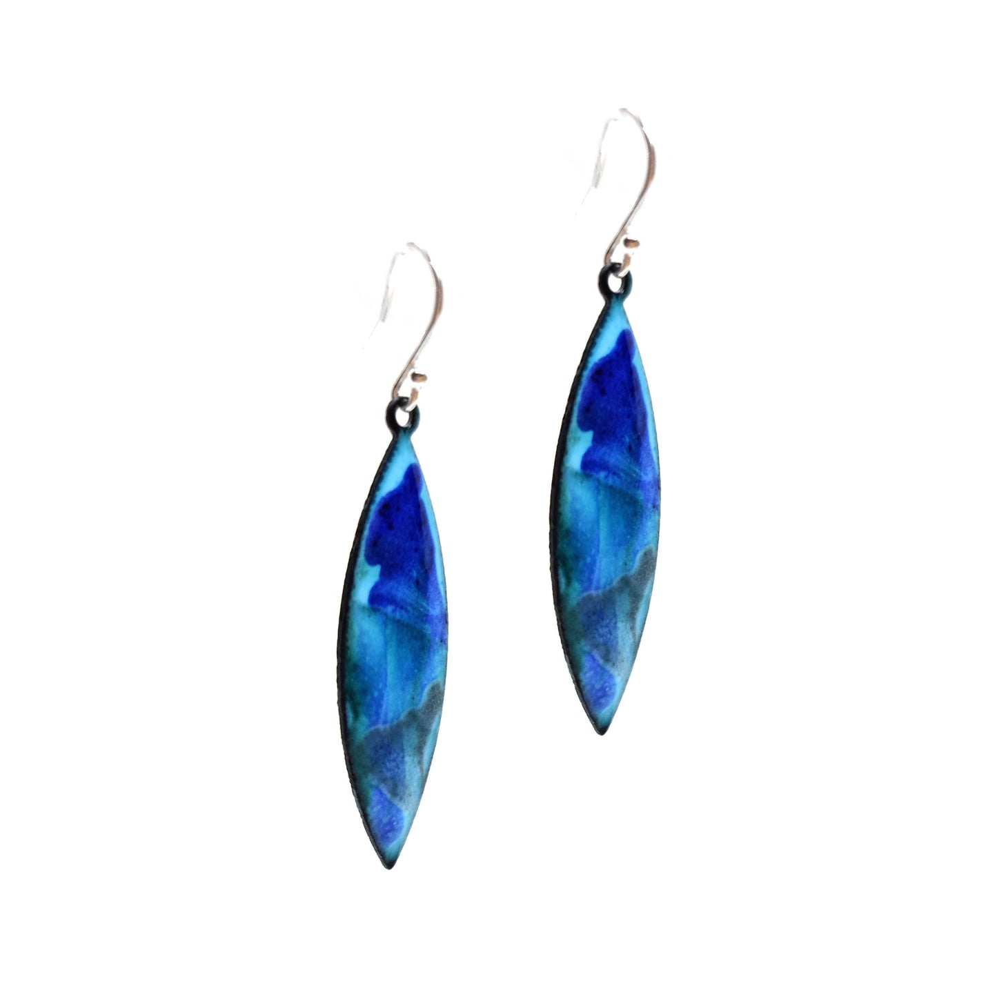 Navette shaped blue enamel drop earrings with splashes of grey and dark blue.