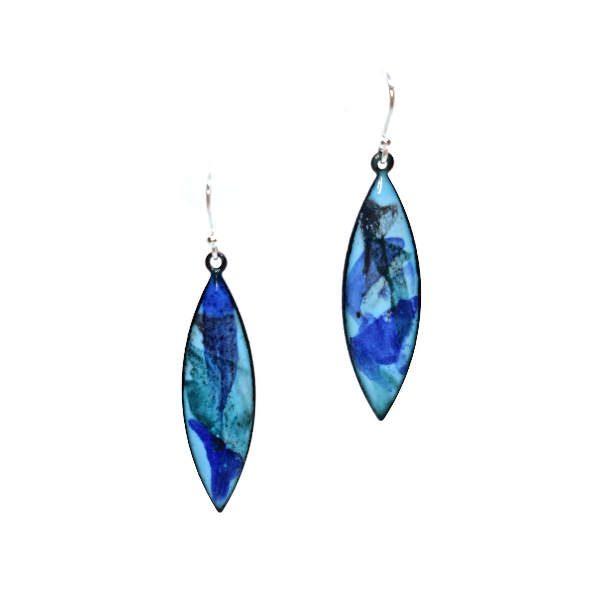 Navette shaped blue enamel drop earrings with splashes of grey and dark blue.