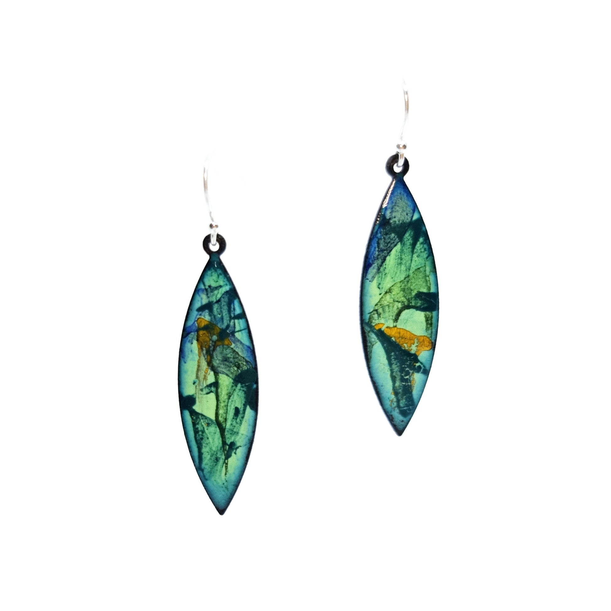 Navette shaped enamel drop earrings in green, blue and yellow