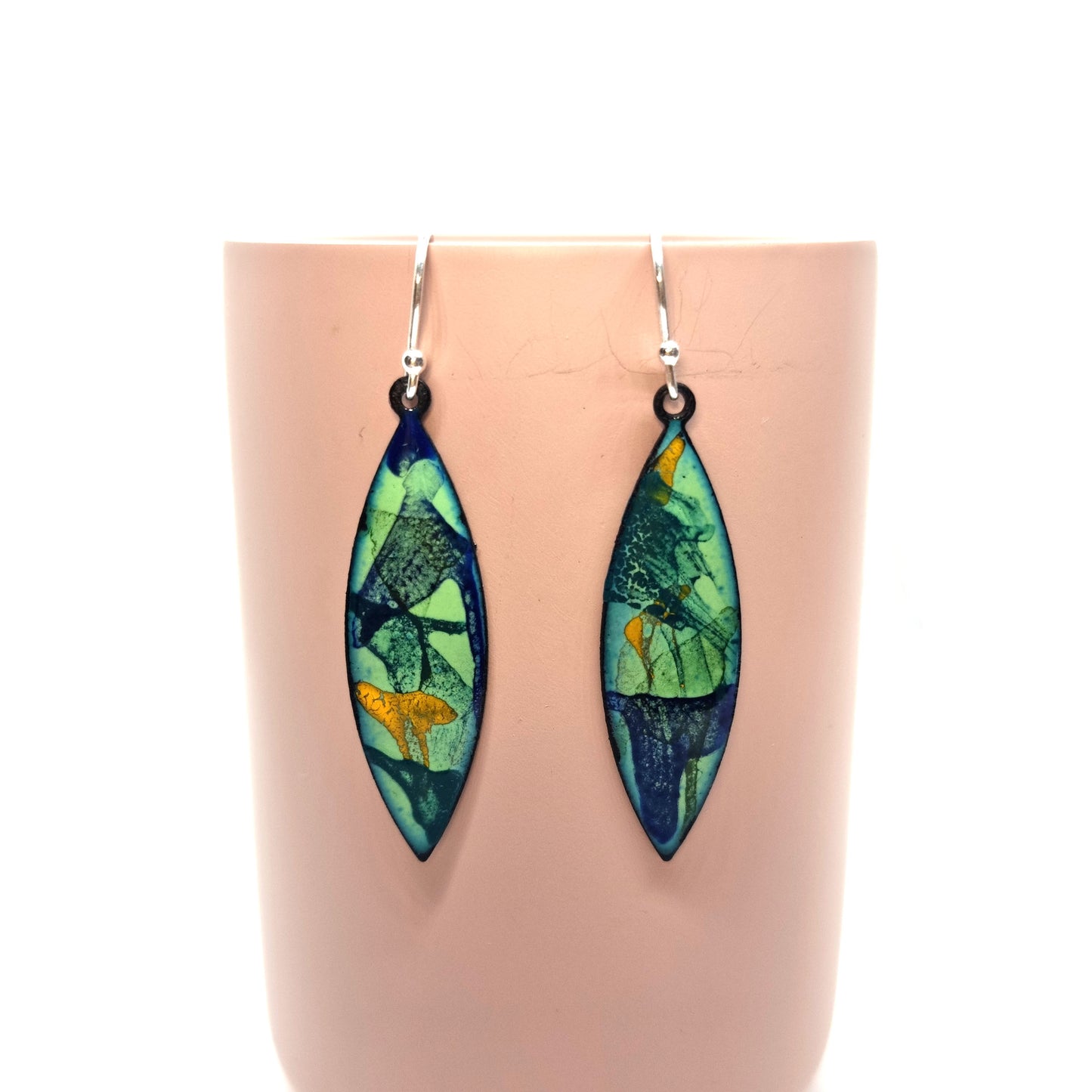 Navette shaped enamel drop earrings in green, blue and yellow