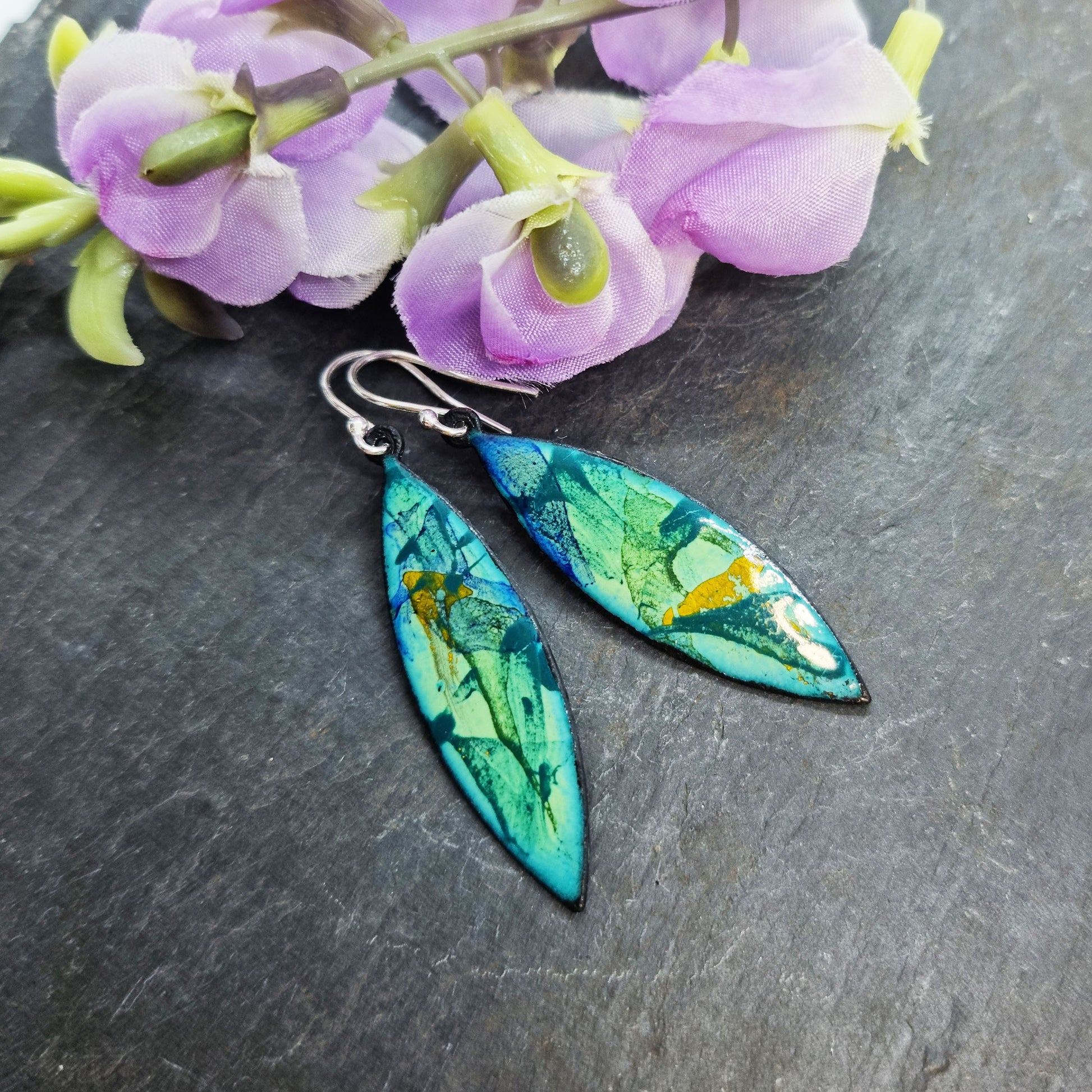 Navette shaped enamel drop earrings in green, blue and yellow with flowers