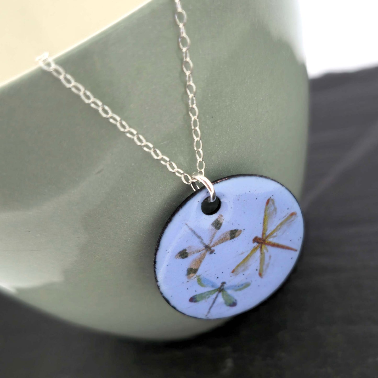 Round enamel pendant with dragonfly designs on a pastel blue background with a silver chain. On a green background.