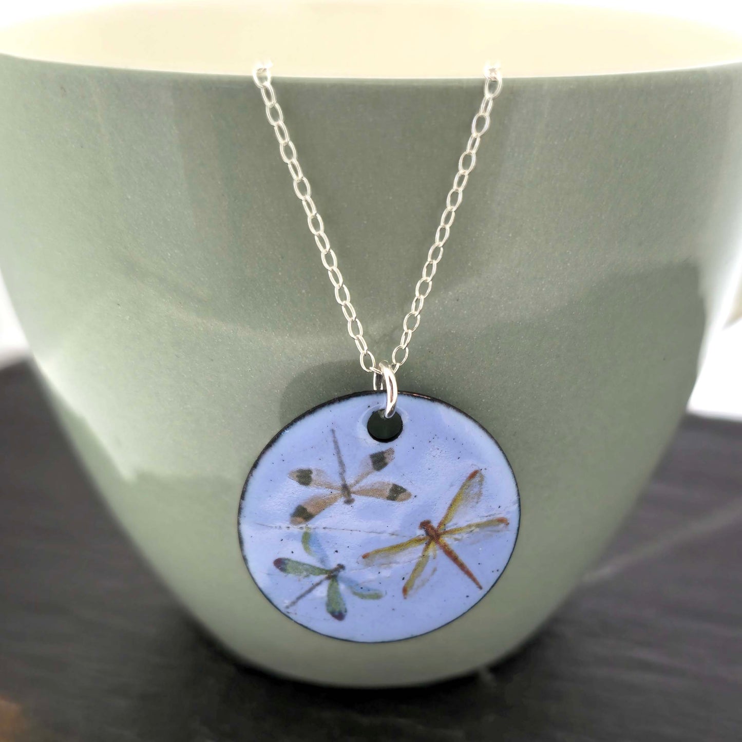 Round enamel pendant with dragonfly designs on a pastel blue background with a silver chain. On a green cup.