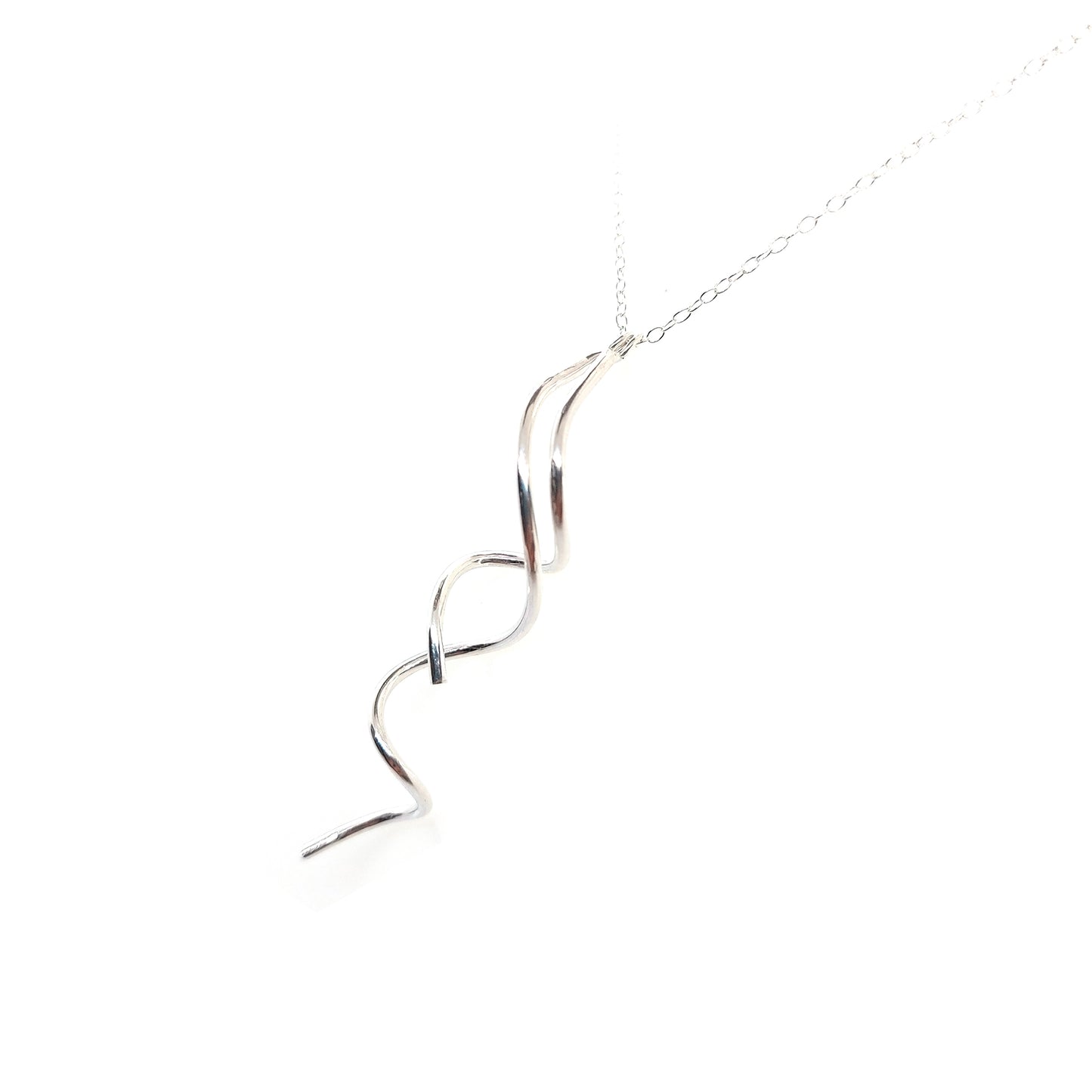 A silver twist pendant with 2 strands intertwined suspended from a silver chain.