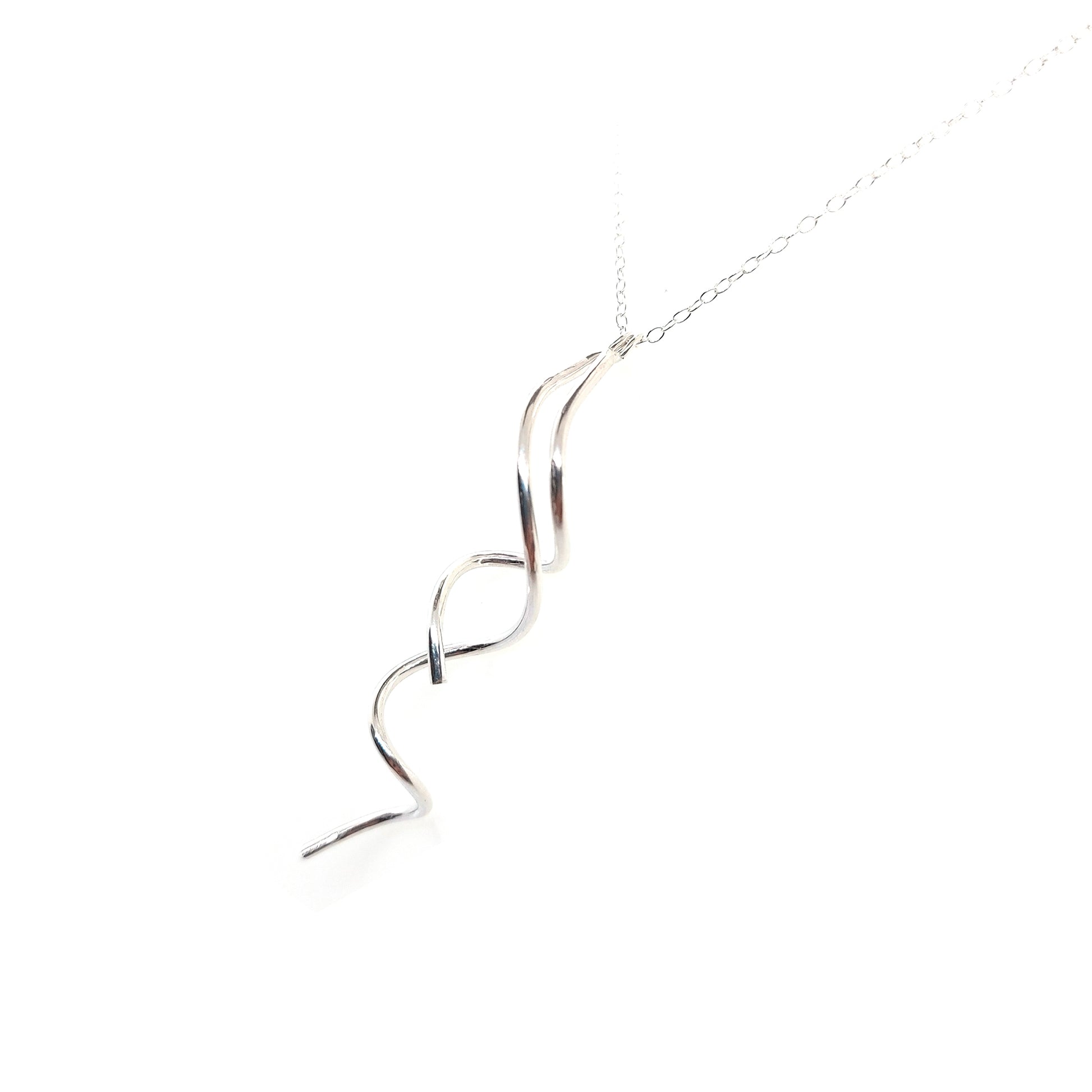 A silver twist pendant with 2 strands intertwined suspended from a silver chain.