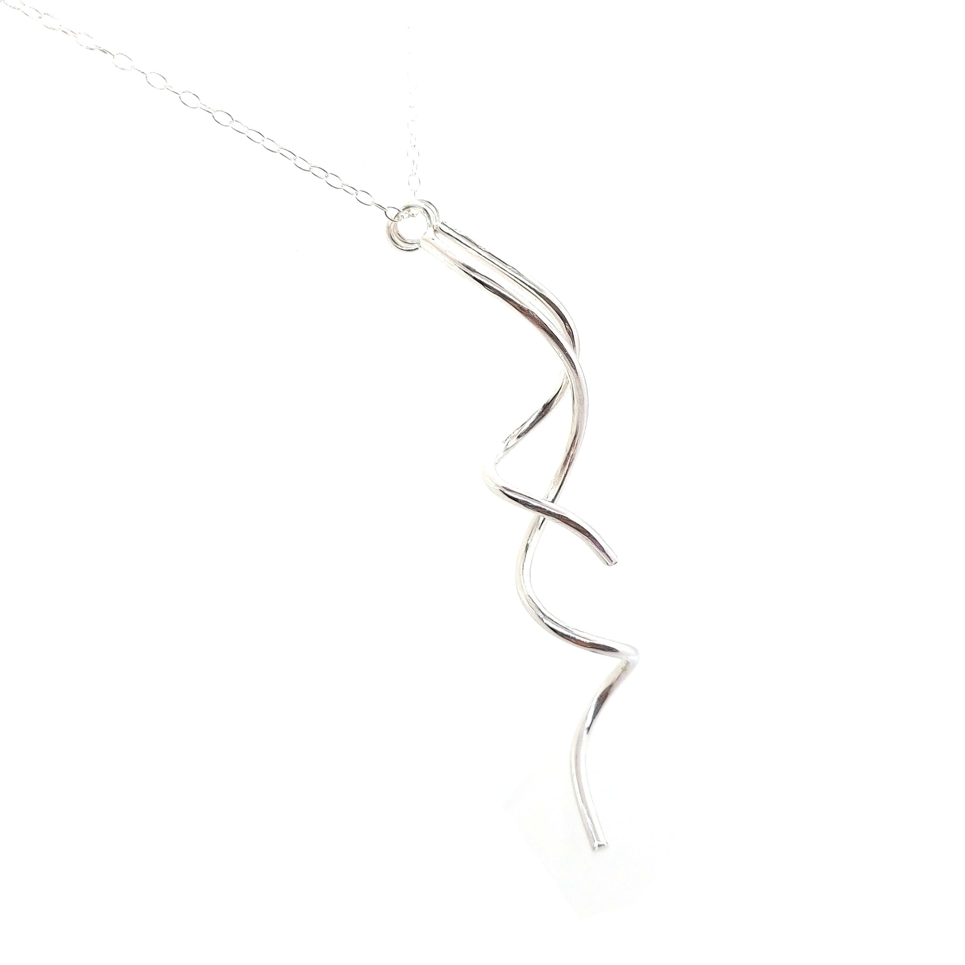 A silver spiral pendant with 2 strands intertwined suspended from a silver chain.