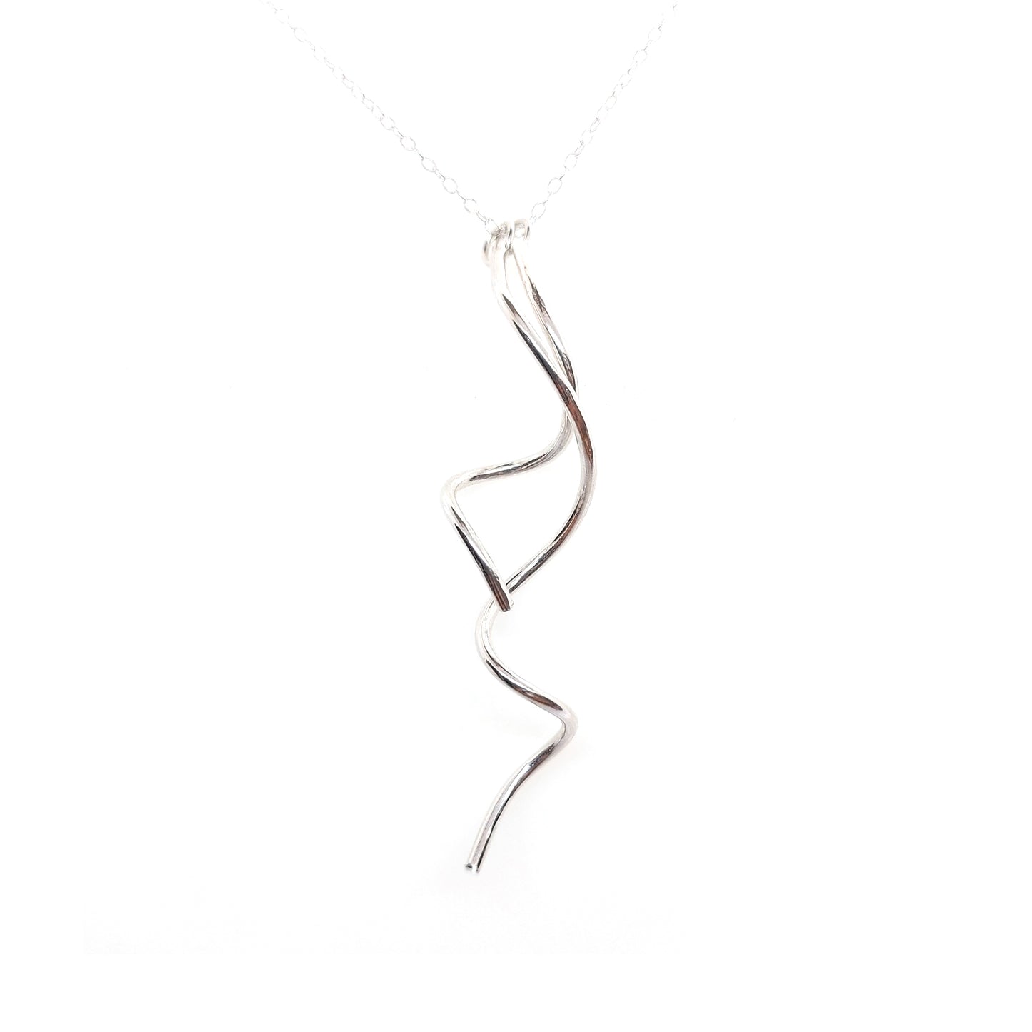 A silver spiral pendant with 2 strands intertwined suspended from a silver chain.