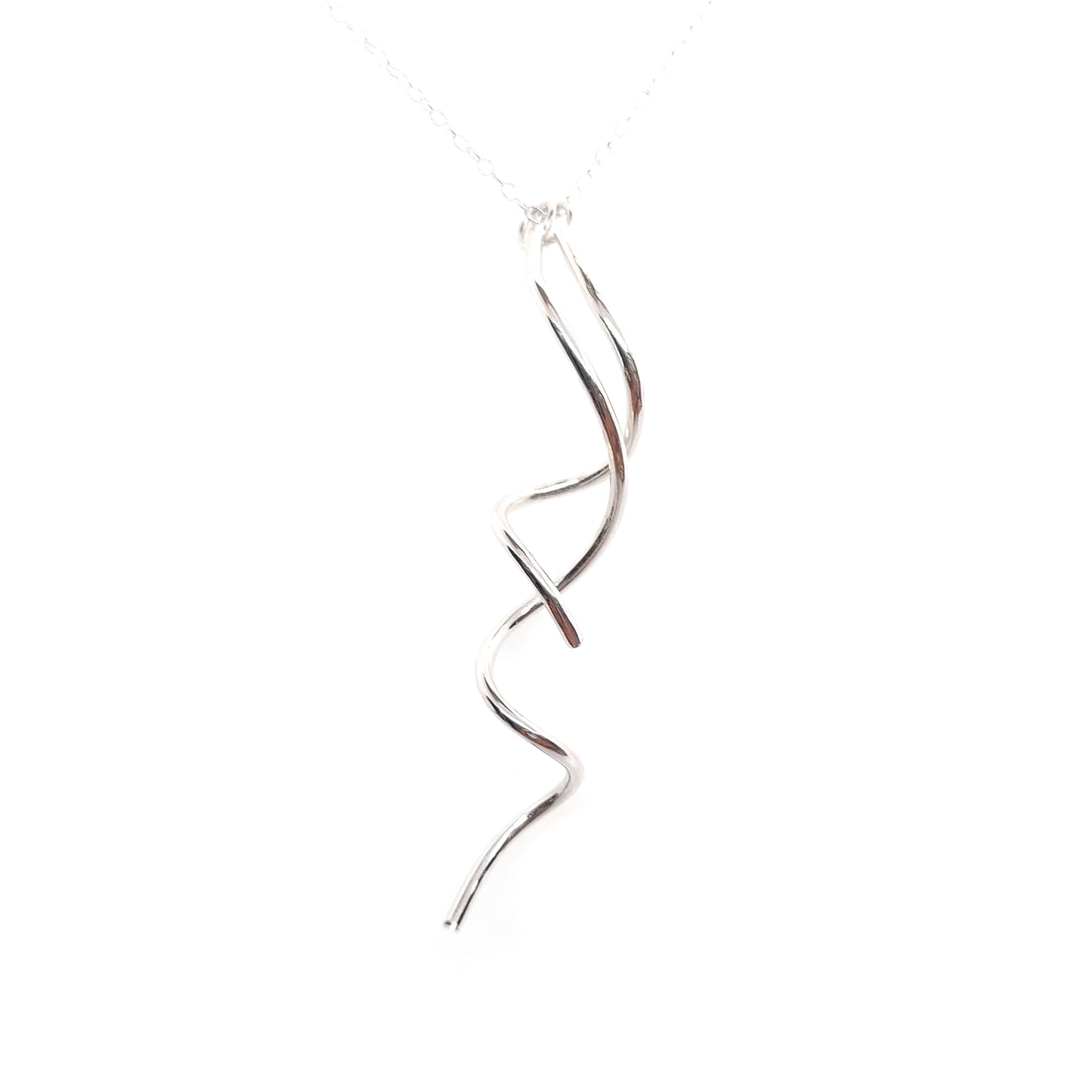 A silver twist pendant with 2 strands intertwined suspended from a silver chain.