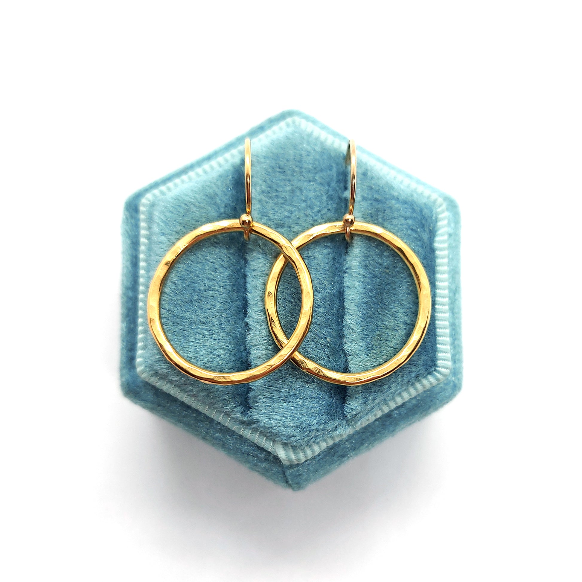 Yellow gold vermeil circle drop earrings. Large. Pictured in a jewellery box.