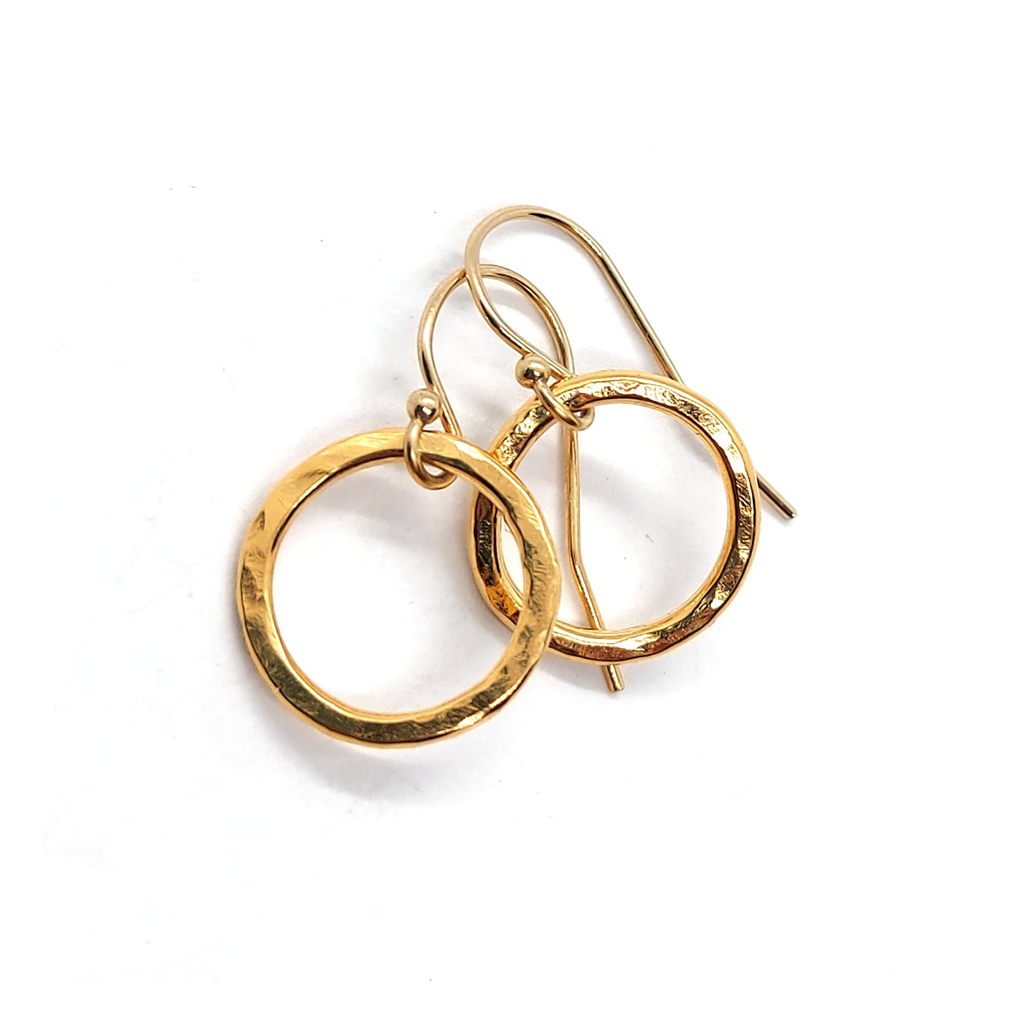 Yellow gold vermeil hammered open circle drop earrings. Small