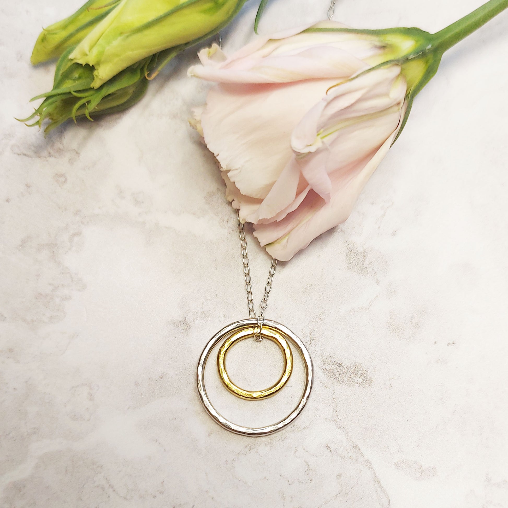A double circle pendant with an inner yellow gold vermeil hammered circle and an outer silver hammered circle. Suspended on a silver chain. Pictured with flowers.