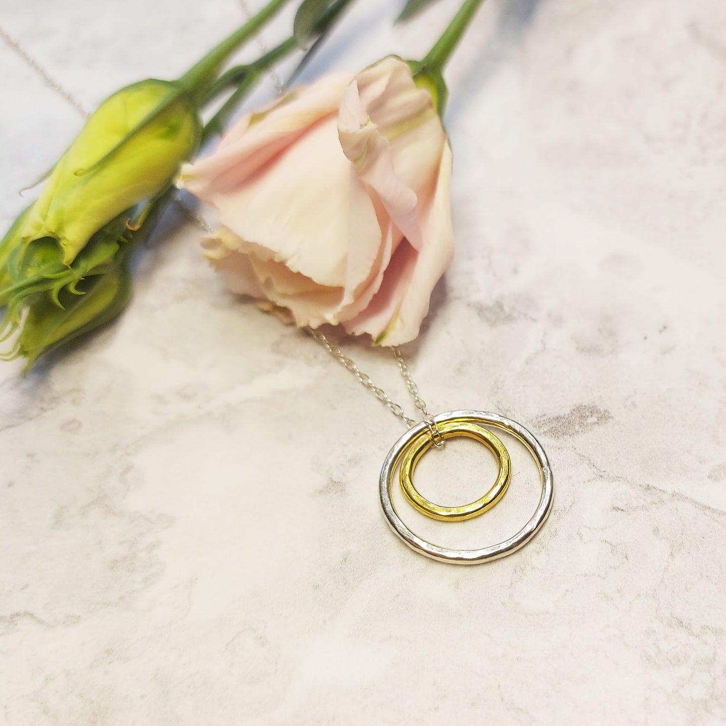 A double circle pendant with an inner yellow gold vermeil hammered circle and an outer silver hammered circle. Suspended on a silver chain. Pictured with flowers.