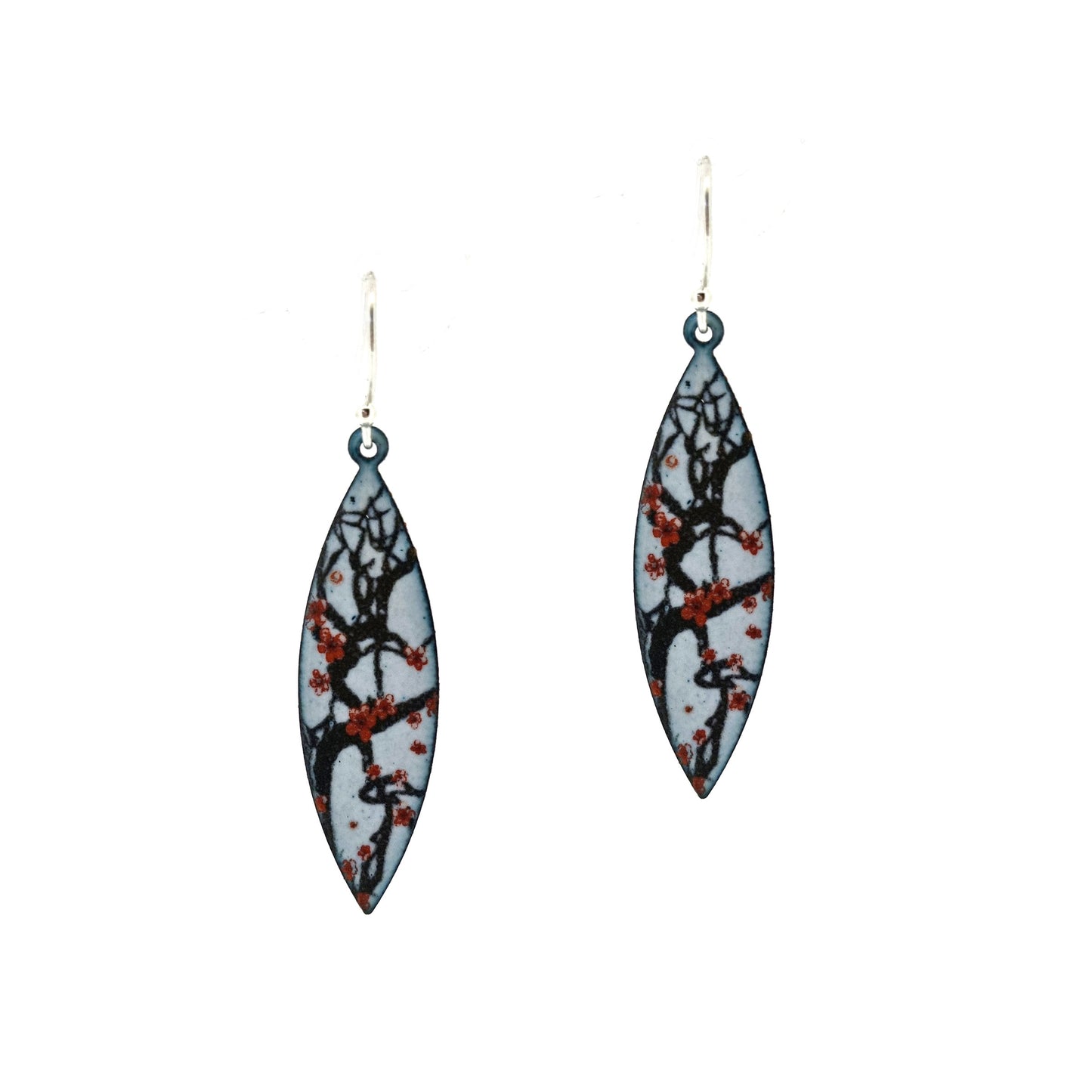 Boat-shaped enamel drop earrings with branches of red cherry blossom on a grey background.