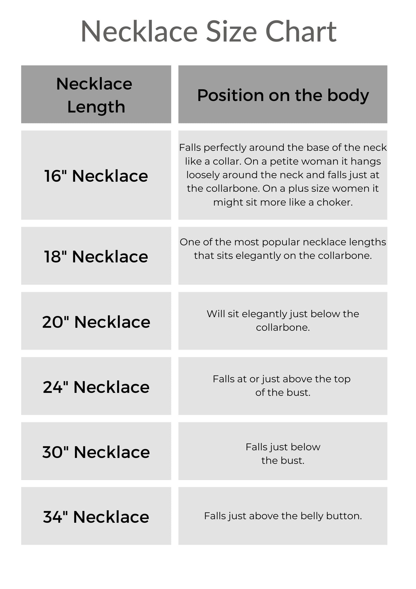 Necklace length size guide