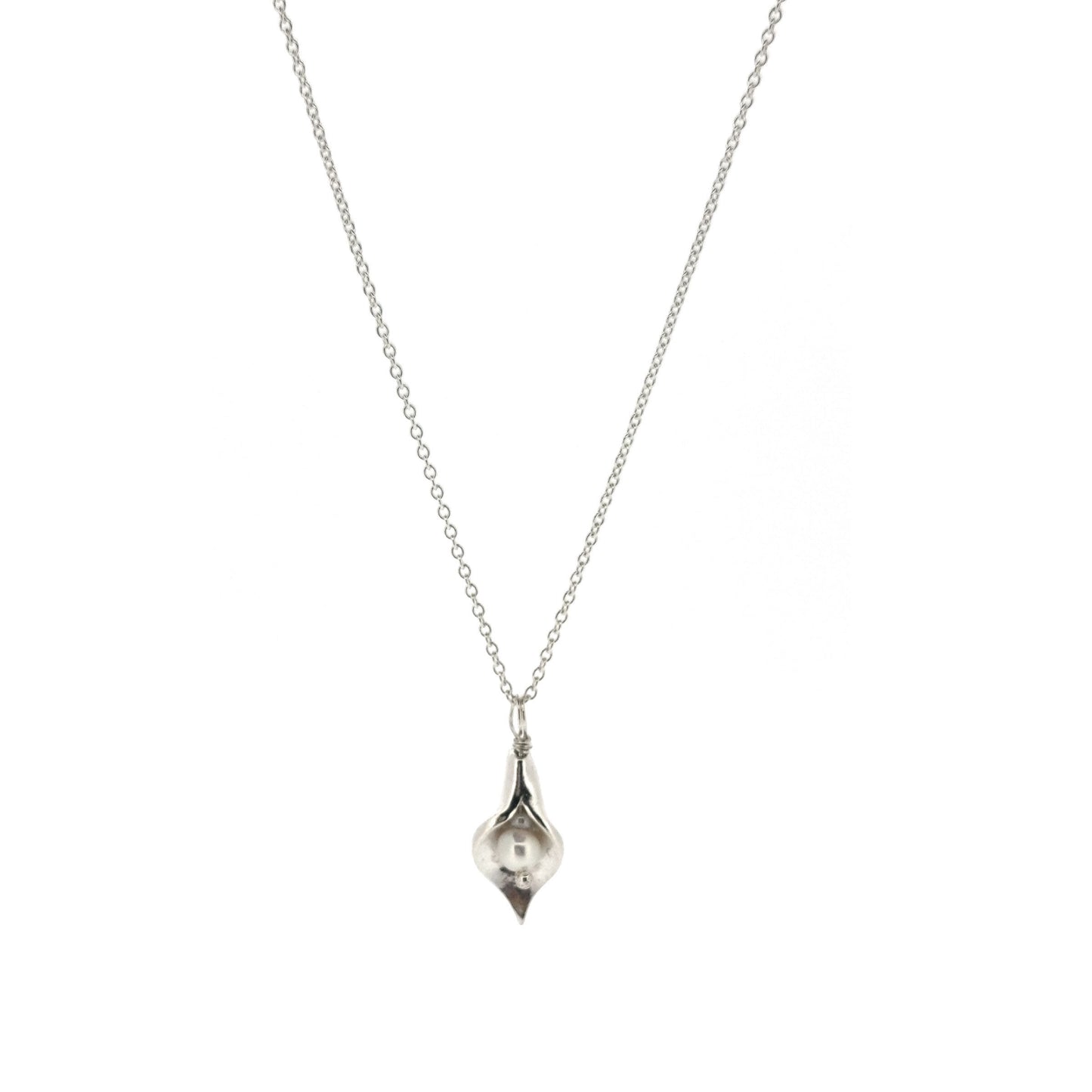 Silver calla lily pendant with central white pearl on silver chain - small