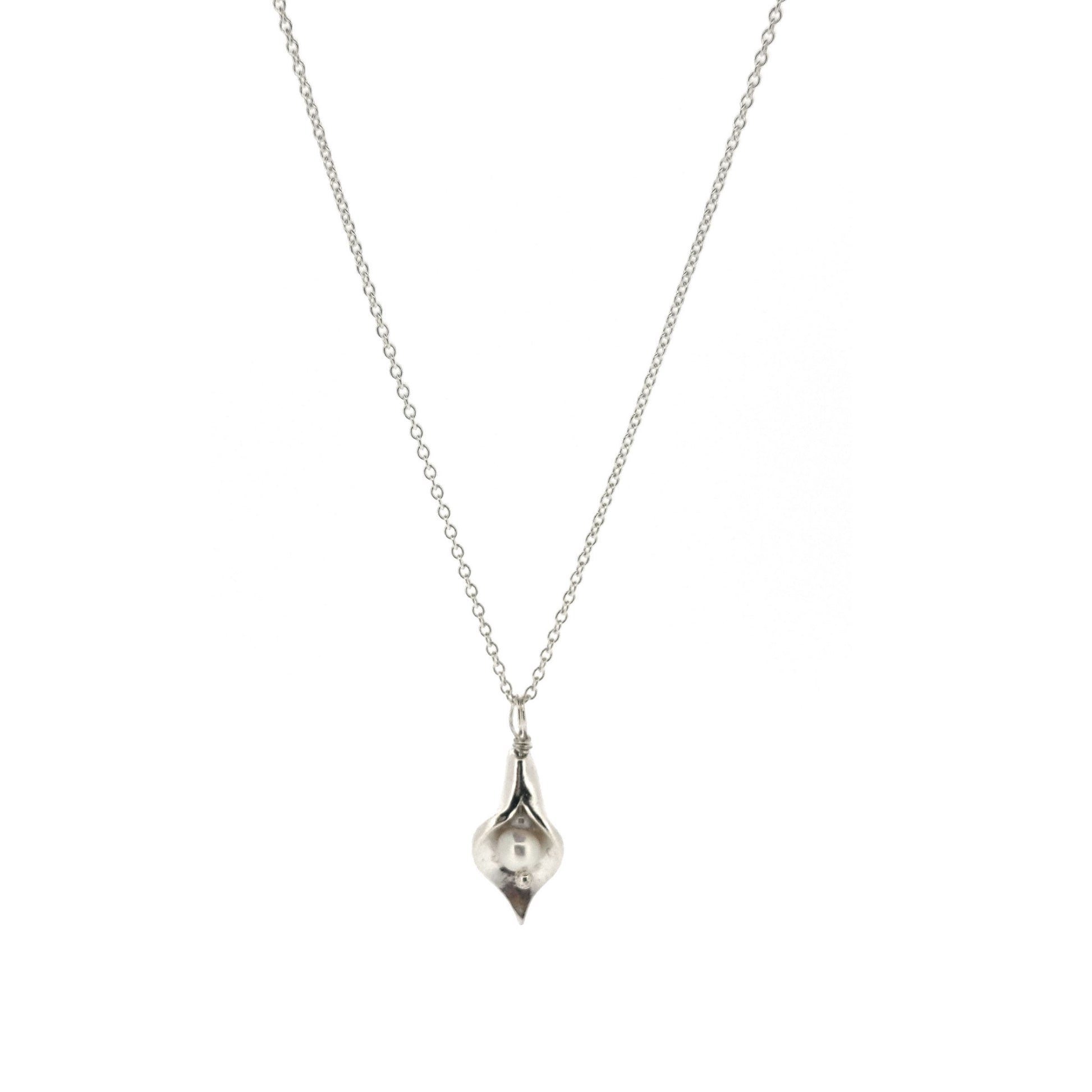 Silver calla lily pendant with central white pearl on silver chain - small