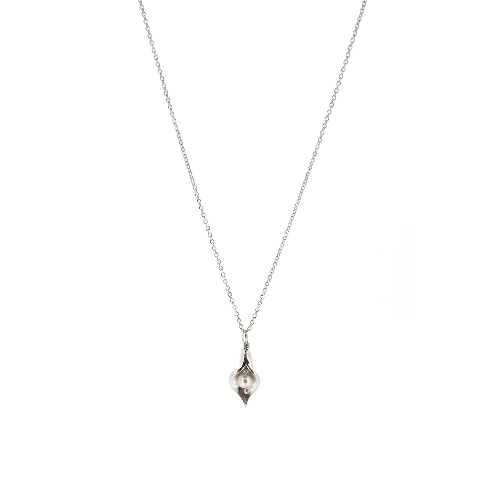 Silver calla lily pendant with central white pearl on silver chain - small