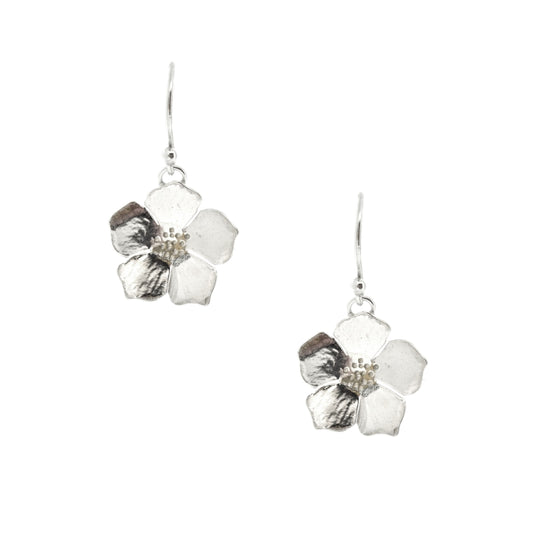 Silver five petal flower drop earrings