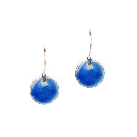 Round silver drop earrings with dark blue enamel.