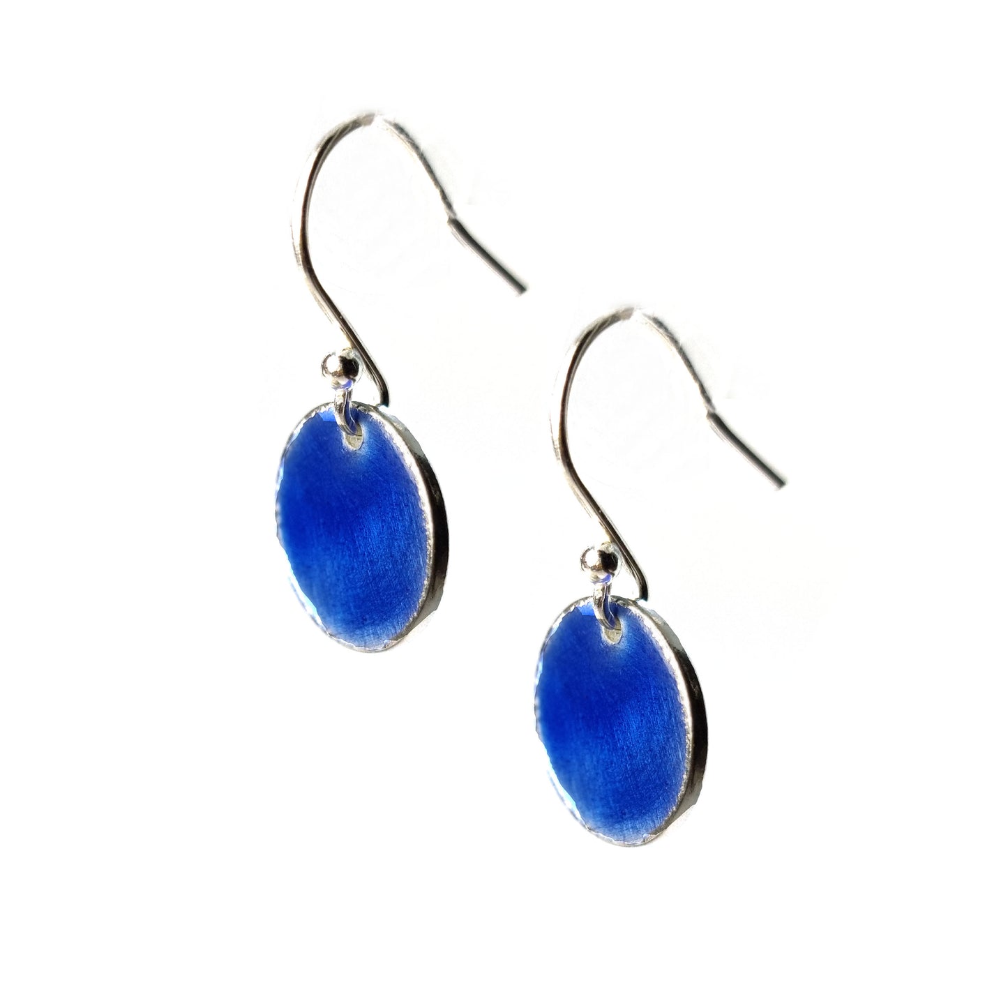 Round silver drop earrings with royal blue enamel.