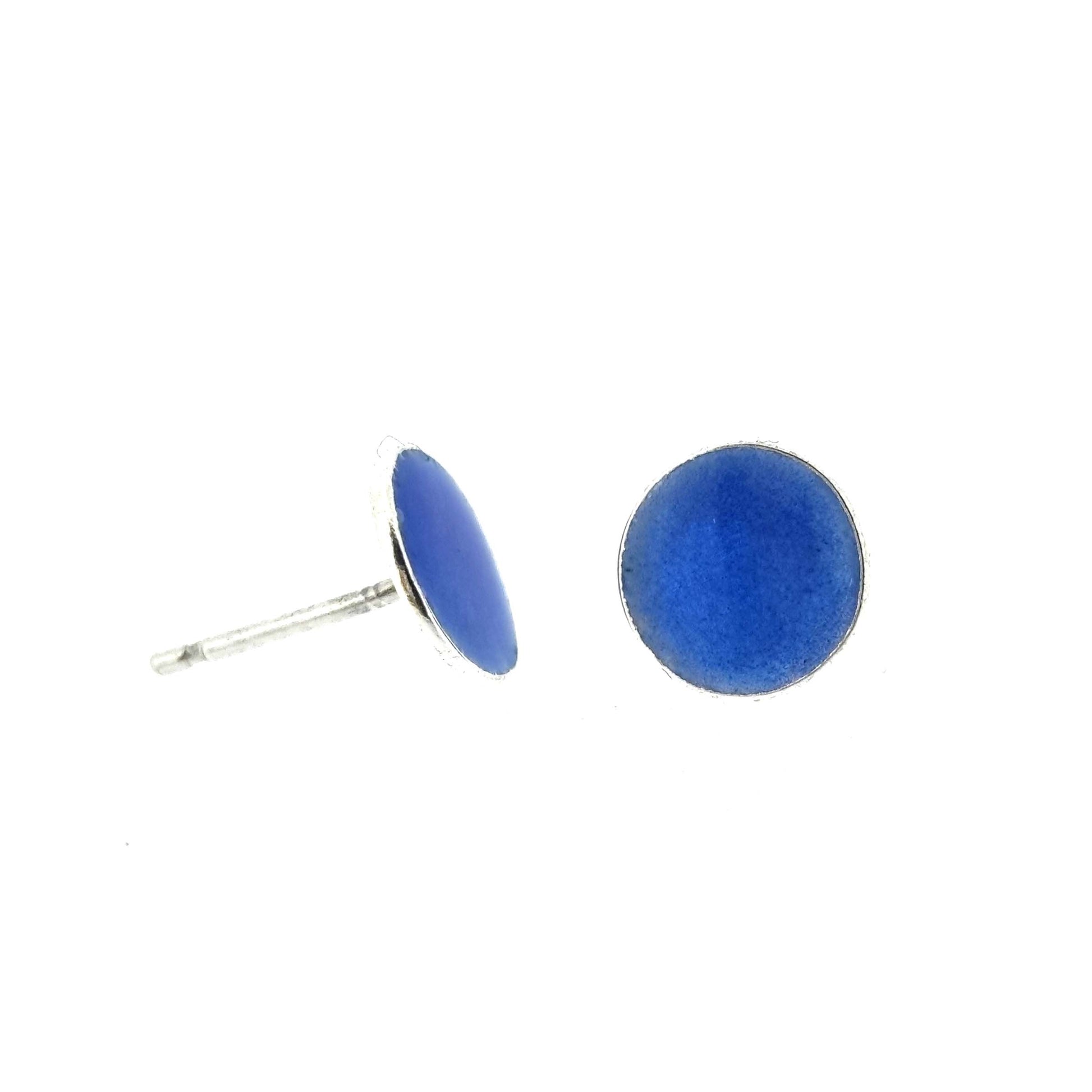Round silver stud earrings with royal blue enamel.