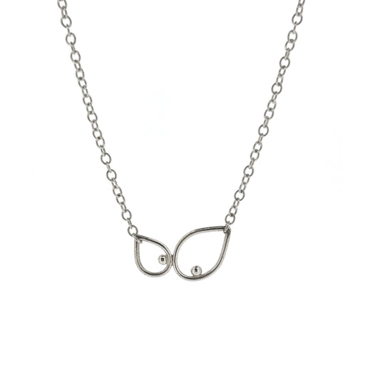 A silver chain necklace with 2 open teardrop shapes at the centre. Each teardrop has an off-centre ball.