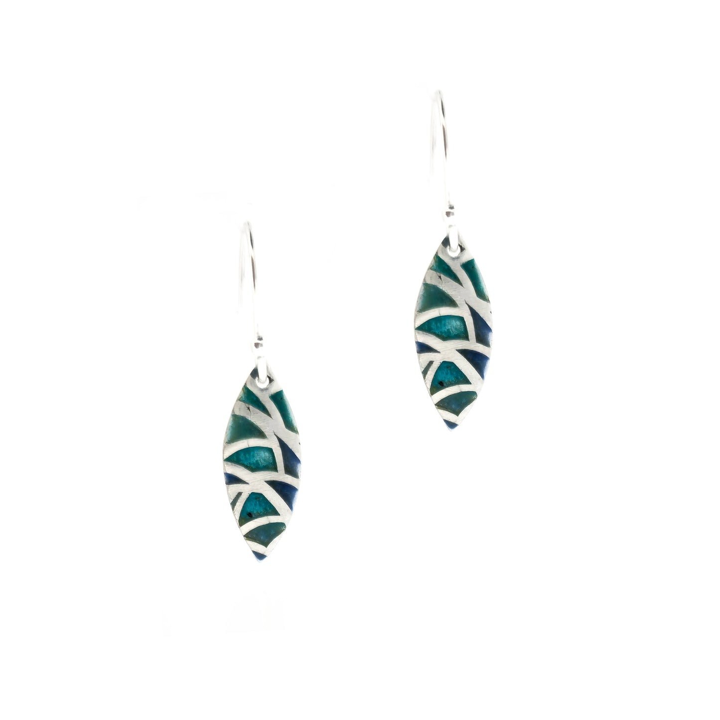 Silver drop earrings. Each earrings has a marquise shape with geometric cells containing blue, green and turquoise enamel.