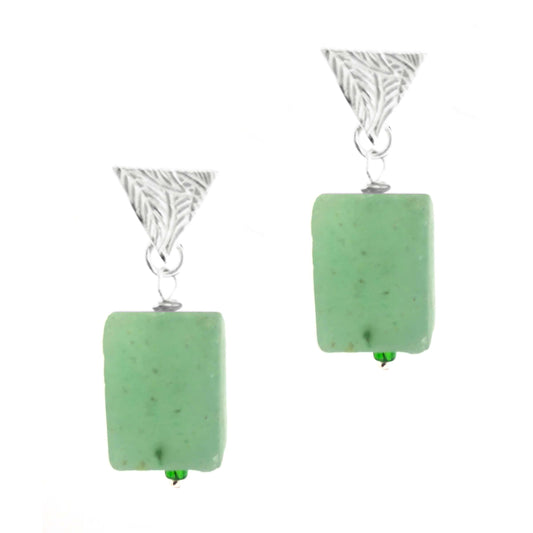 Silver triangle earrings with a leaf pattern and a cuboid green adventurine drop bead beneath.