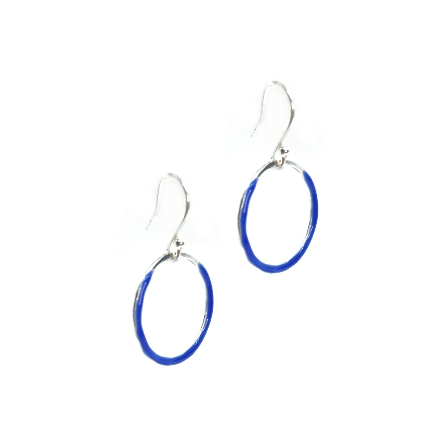 Silver open circle drop earrings with royal blue enamel.