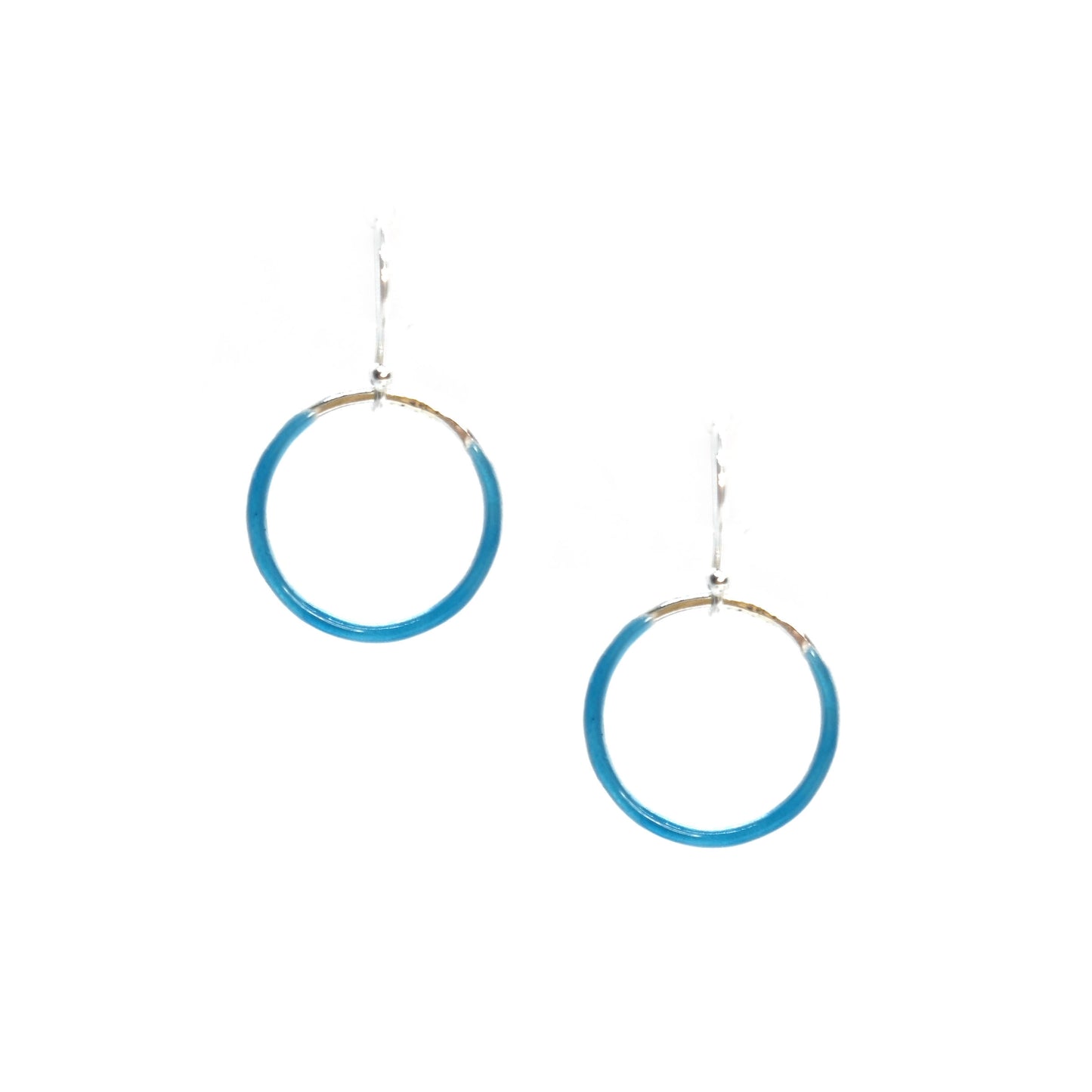 Silver open circle drop earrings with turquoise blue enamel.