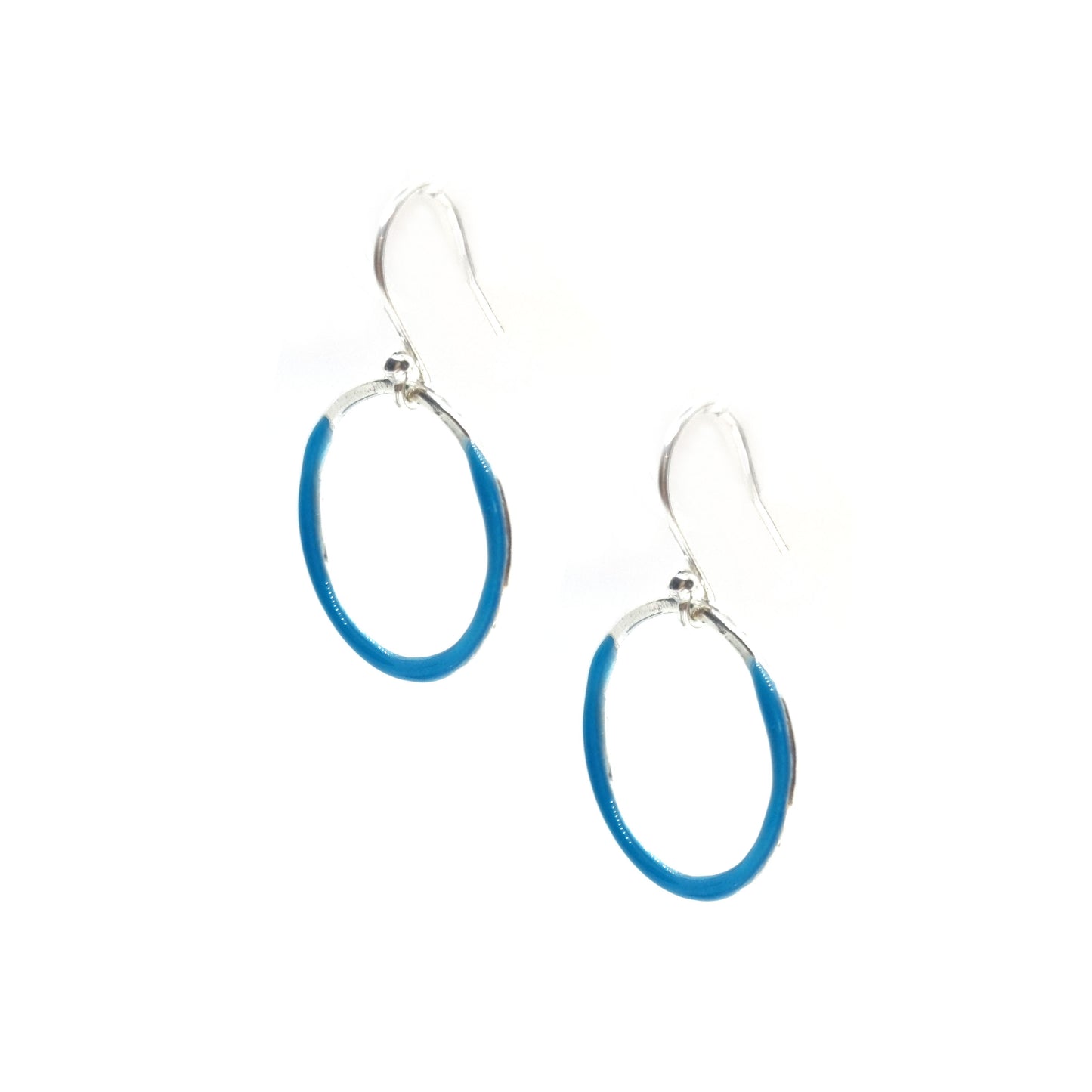 Silver open circle drop earrings with turquoise blue enamel.