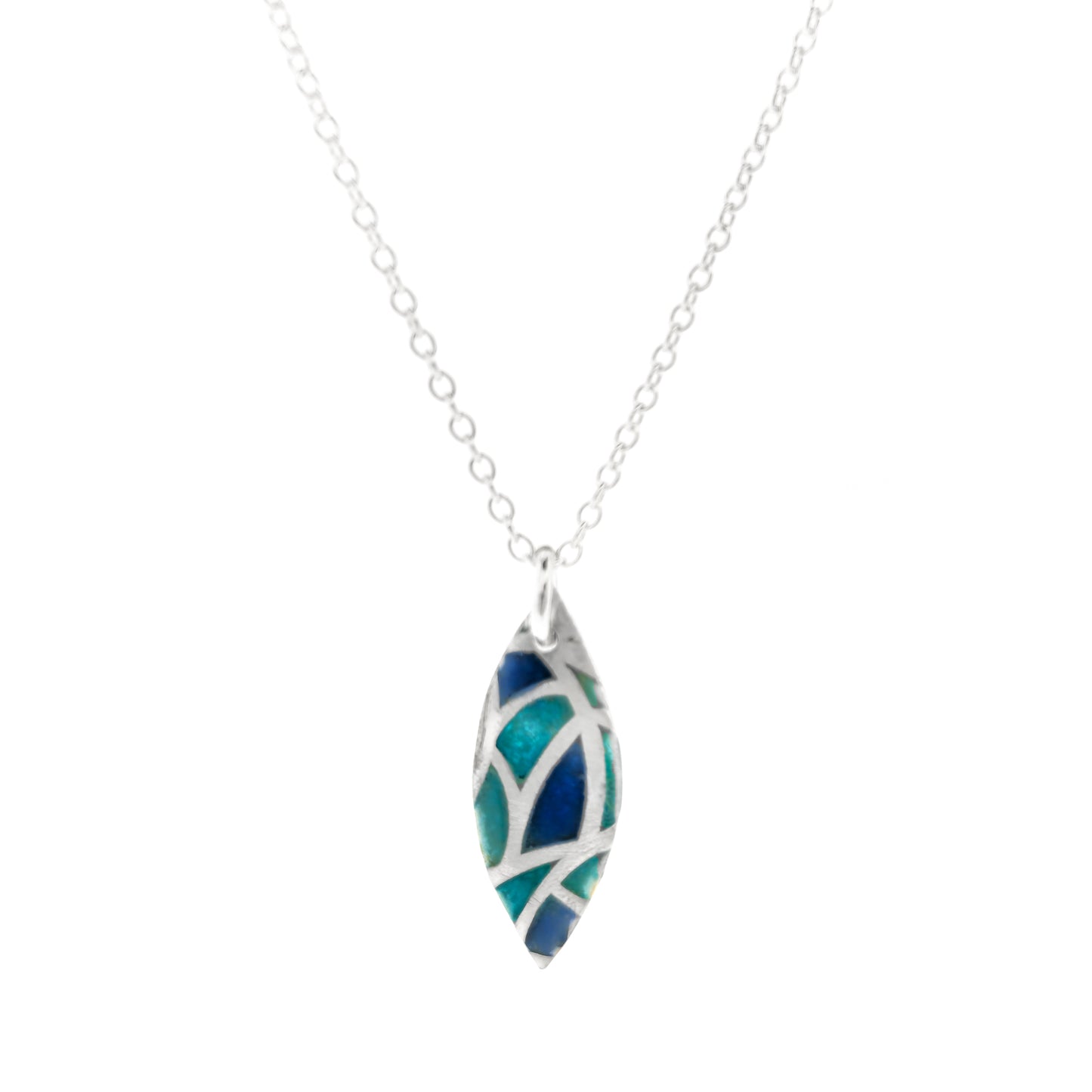 A marquise shaped silver pendant with geometric cells of blue, green and turquoise enamel. On a silver chain. Small.