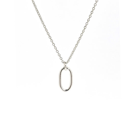 An open oblong pendant on a silver chain.