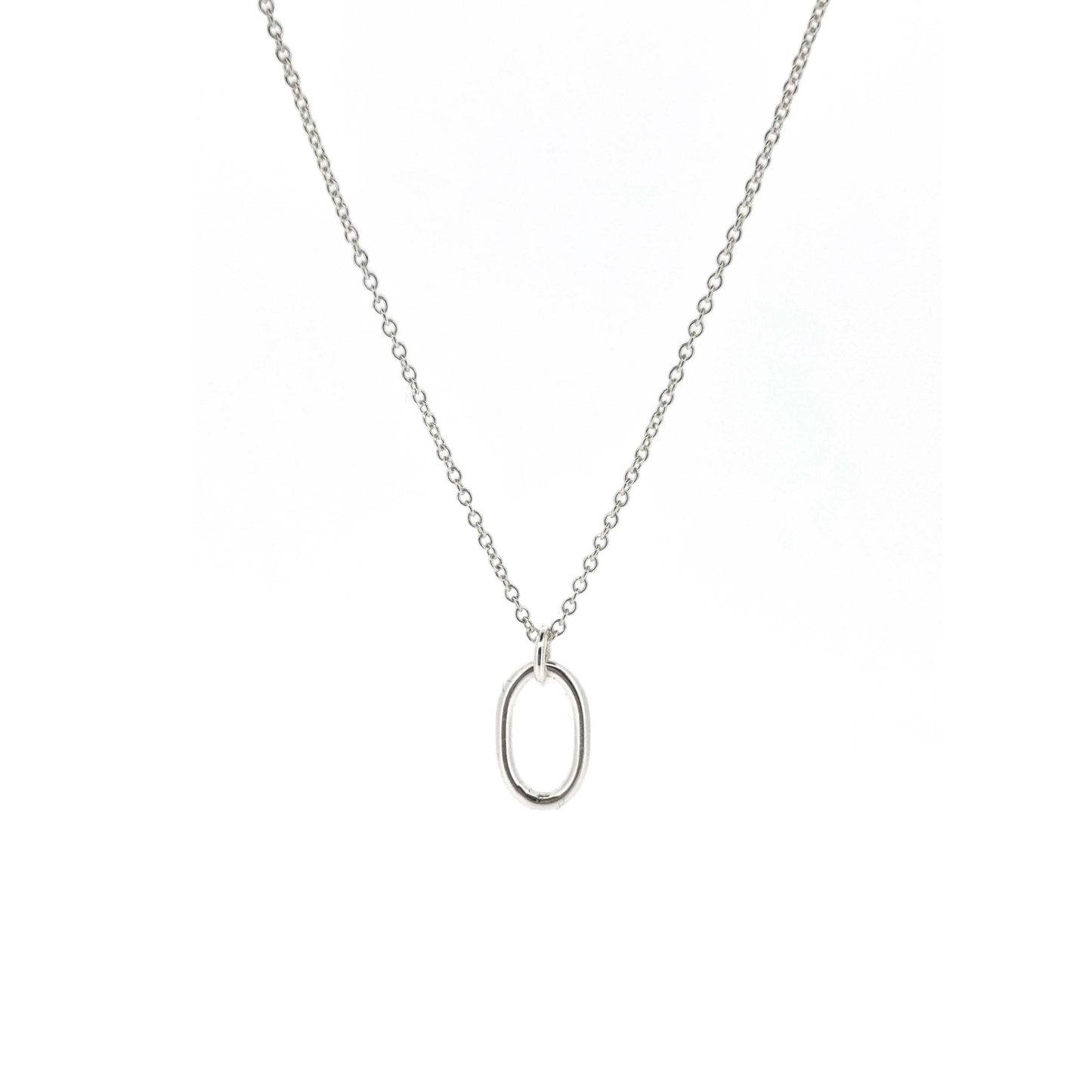 An open oblong pendant on a silver chain.