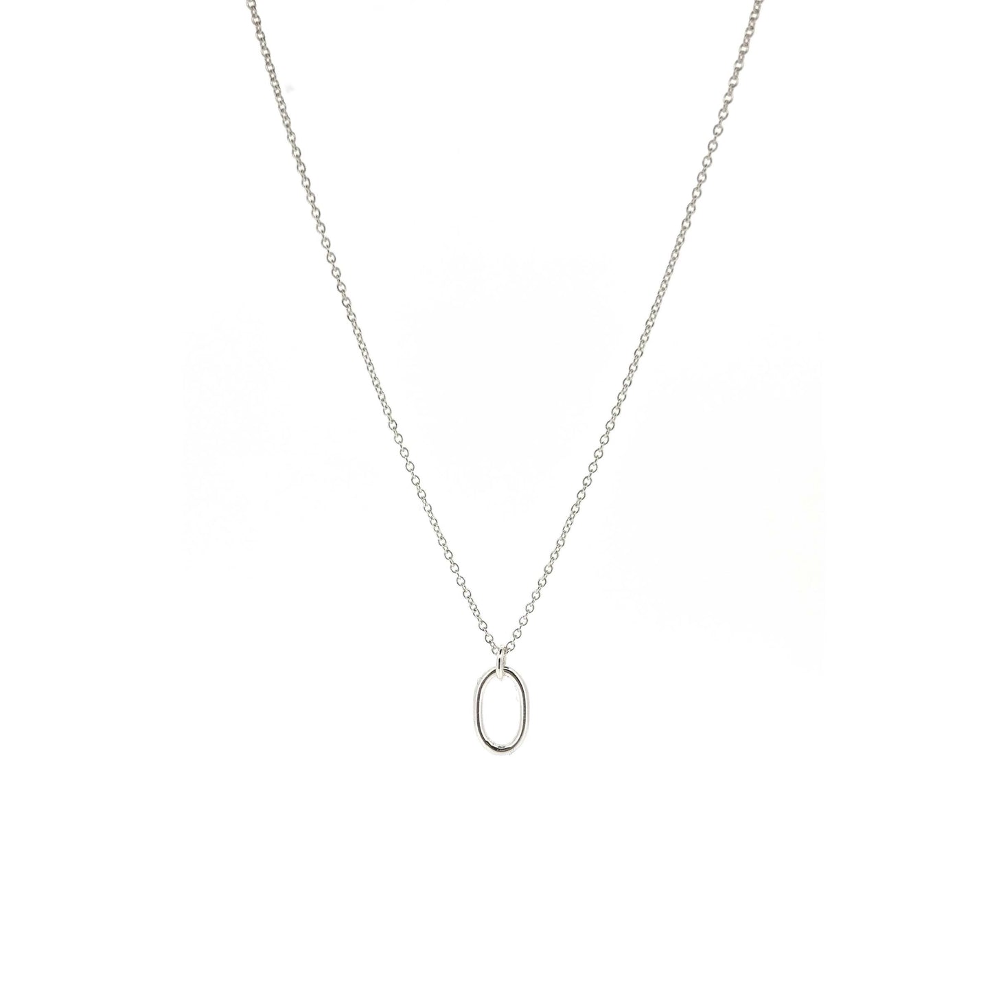 An open oblong pendant on a silver chain.