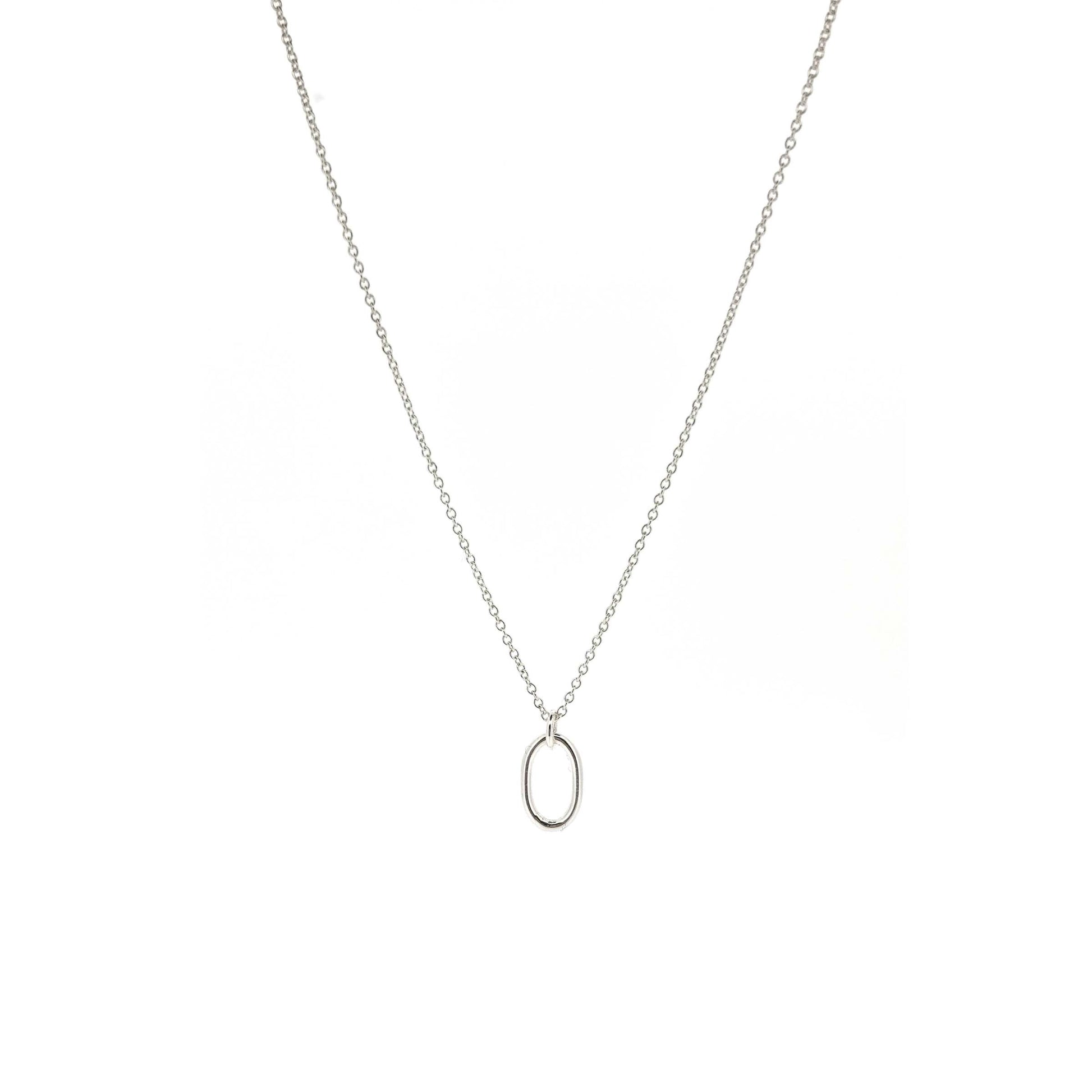An open oblong pendant on a silver chain.