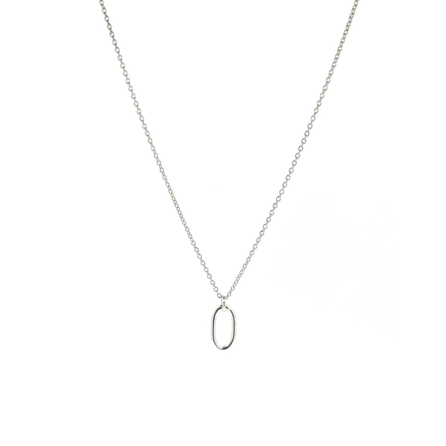 An open oblong pendant on a silver chain.