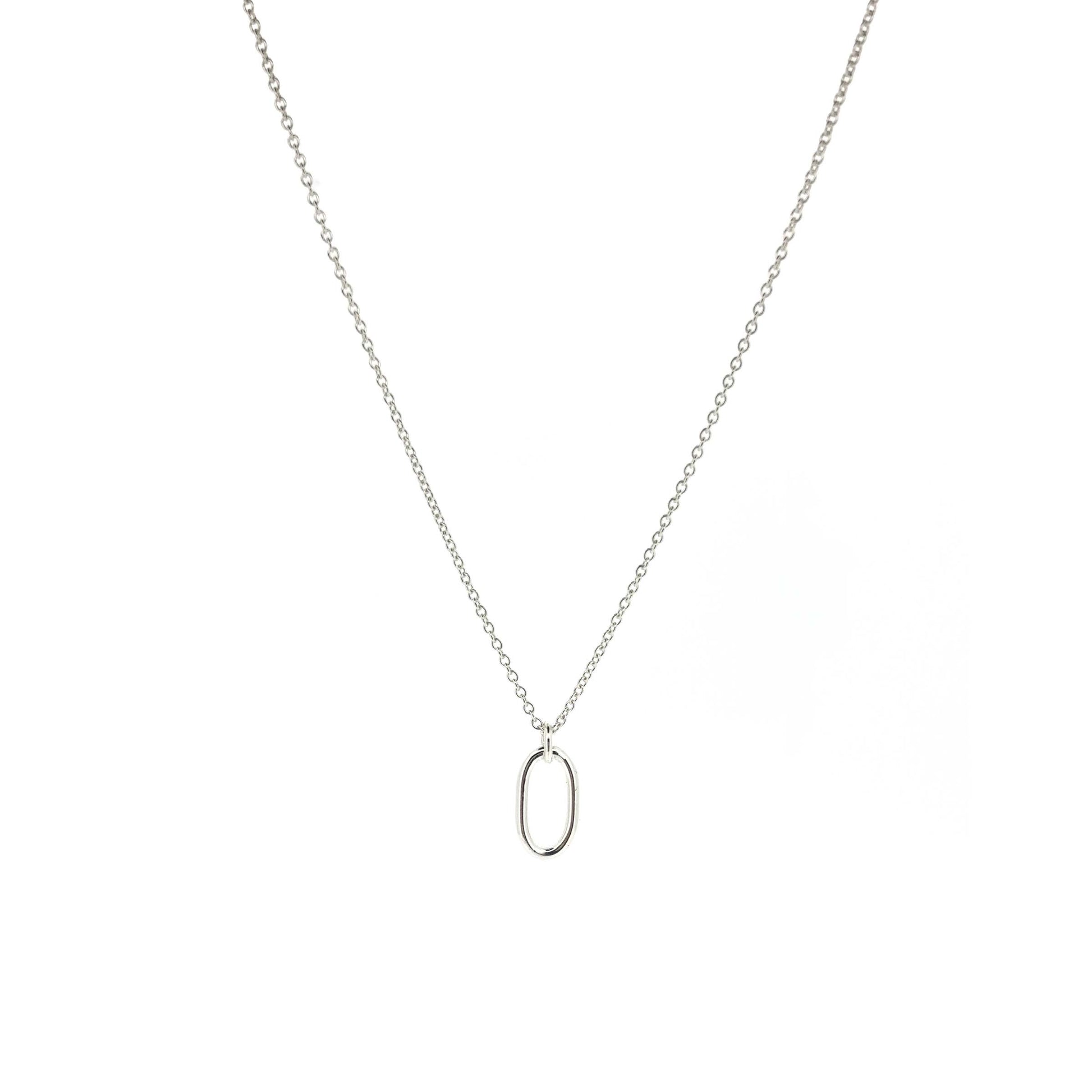 An open oblong pendant on a silver chain.