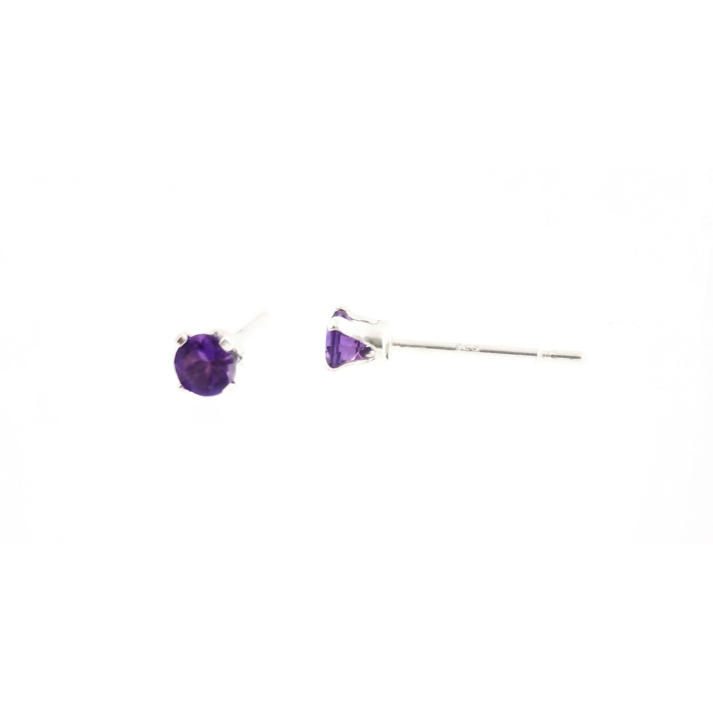 Silver 4 claw stud earrings set with purple amethyst gemstones. 3mm.