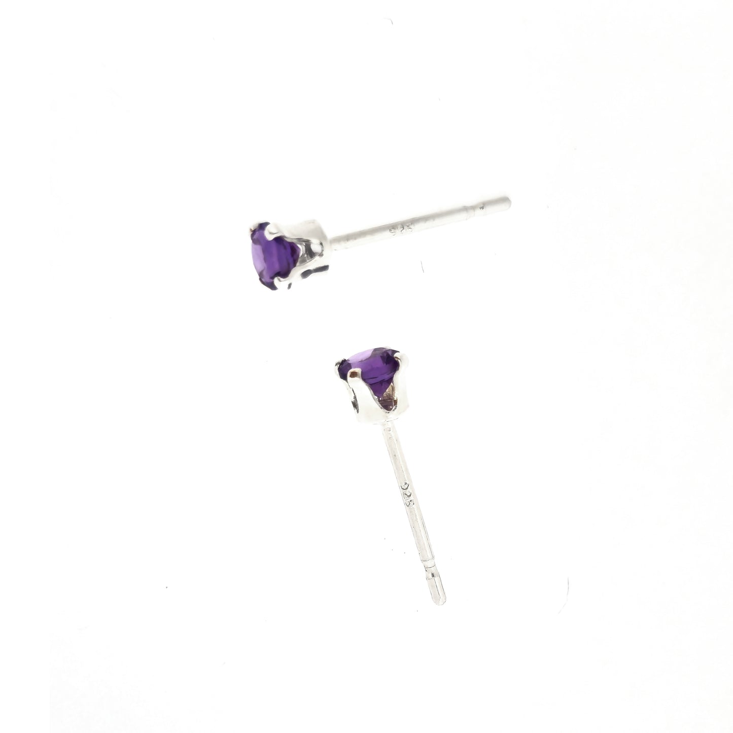 Silver 4 claw stud earrings set with purple amethyst gemstones. 3mm.
