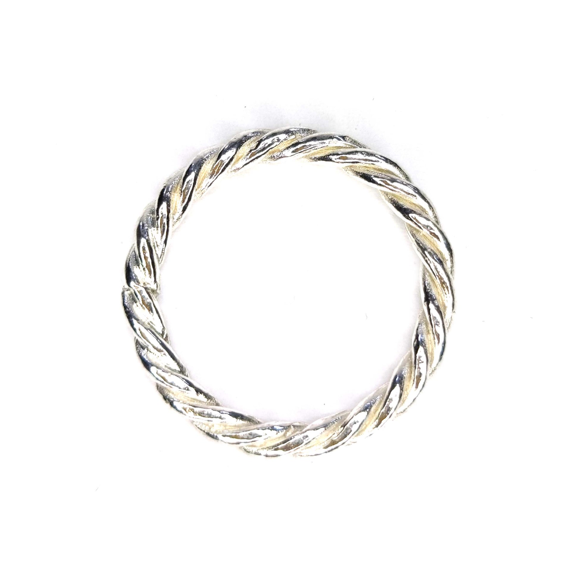Silver twisted rope ring. Side view.