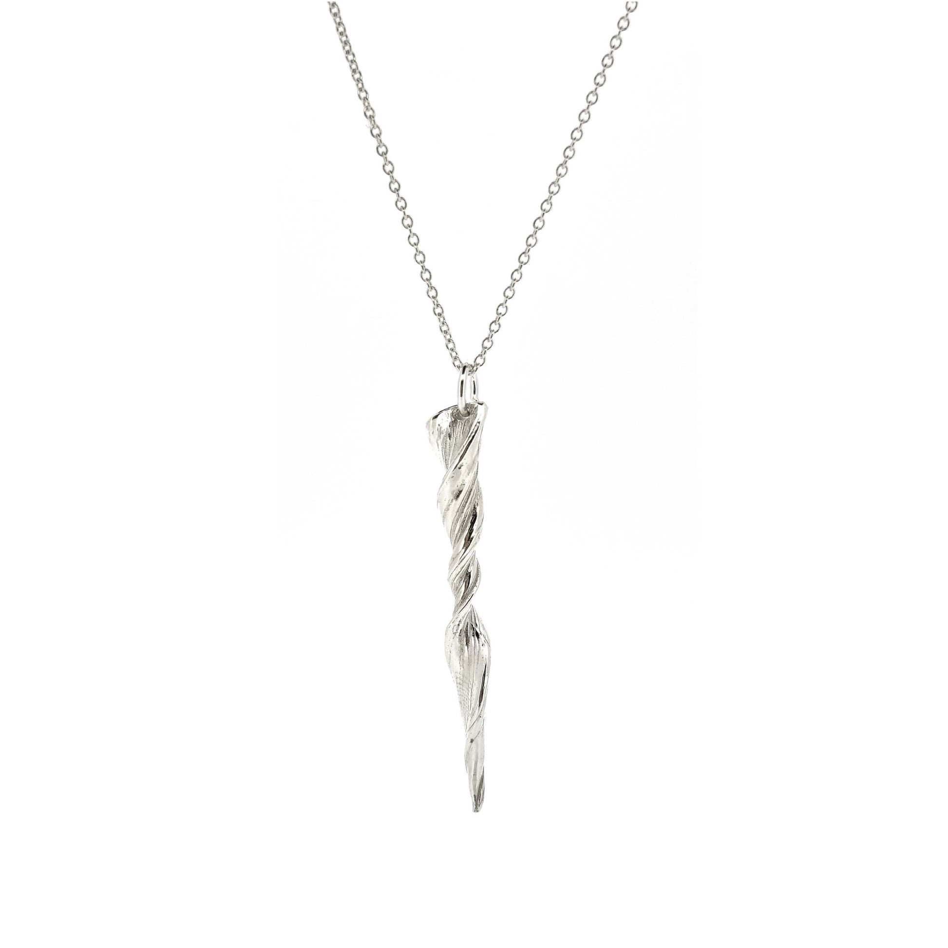 A silver twist pendant with line pattern on a silver chain.