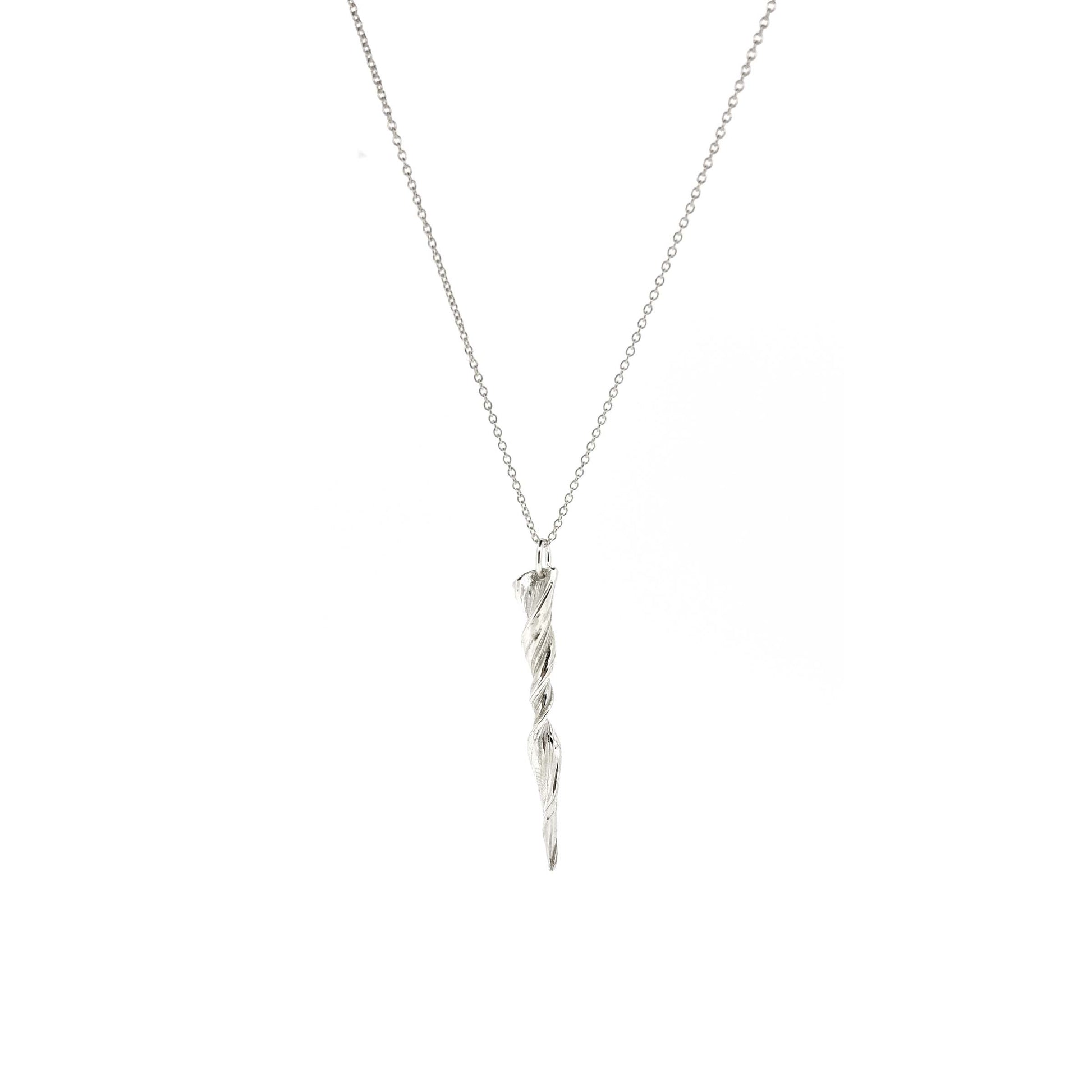 A silver twist pendant with line pattern on a silver chain.